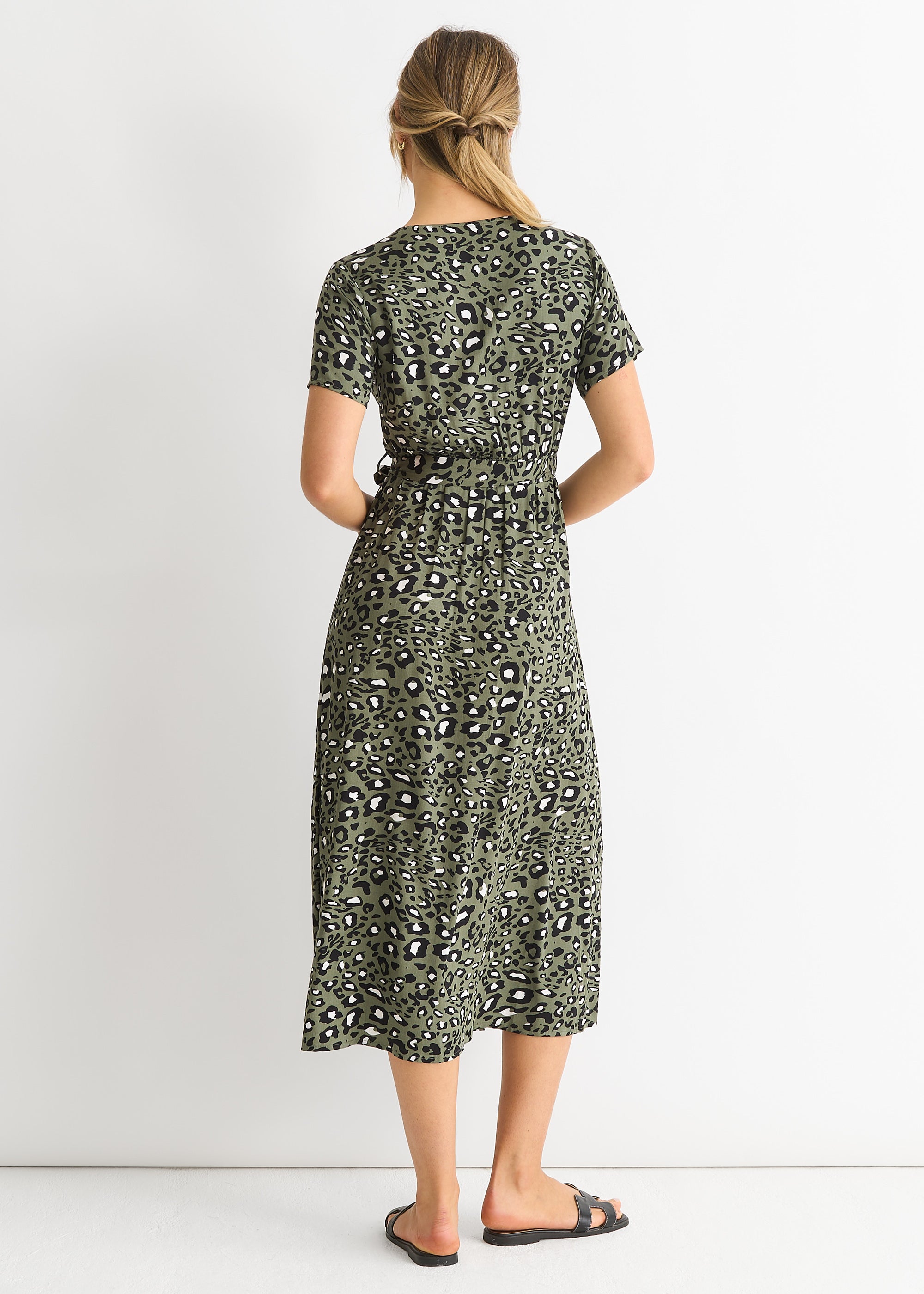 Short Sleeve Animal Print Wrap Front Midi Dress