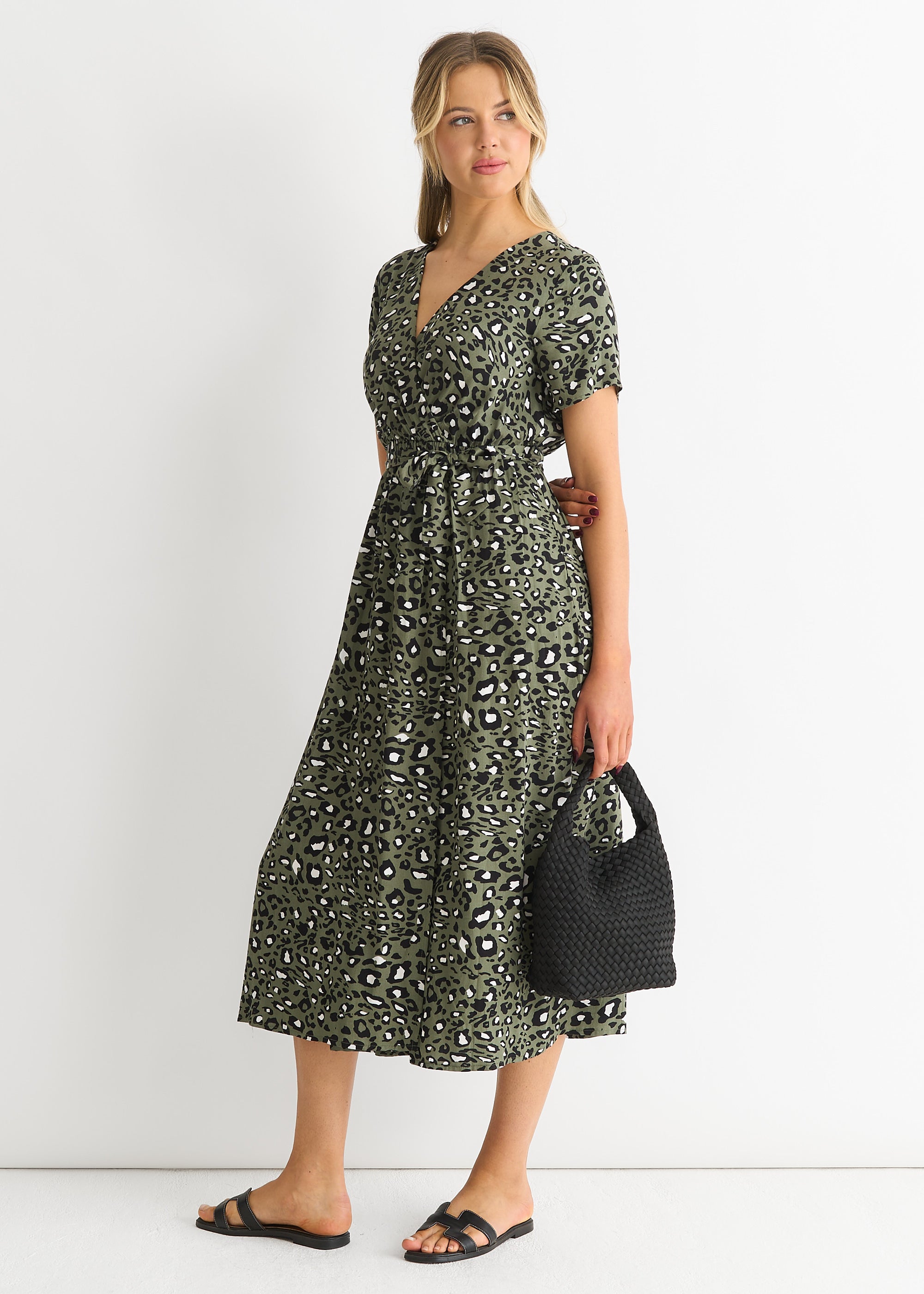 Short Sleeve Animal Print Wrap Front Midi Dress