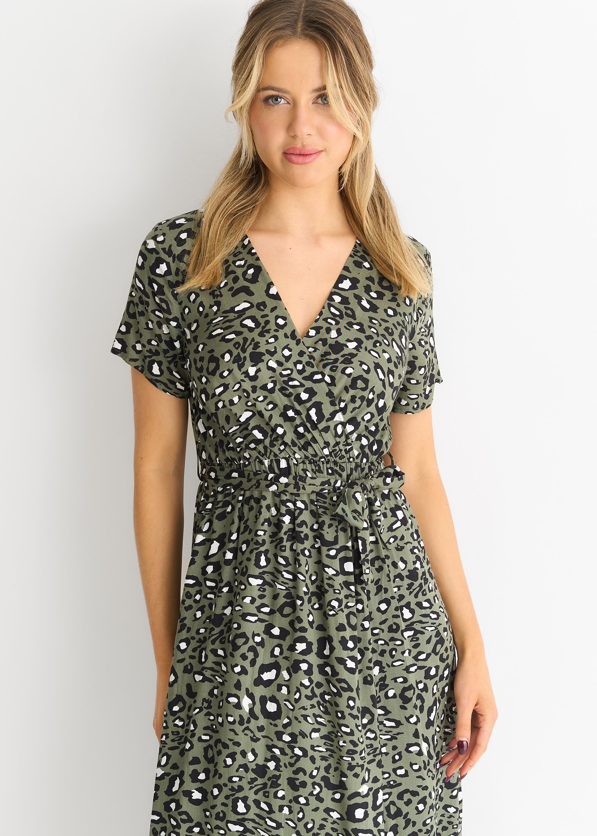 Short Sleeve Animal Print Wrap Front Midi Dress