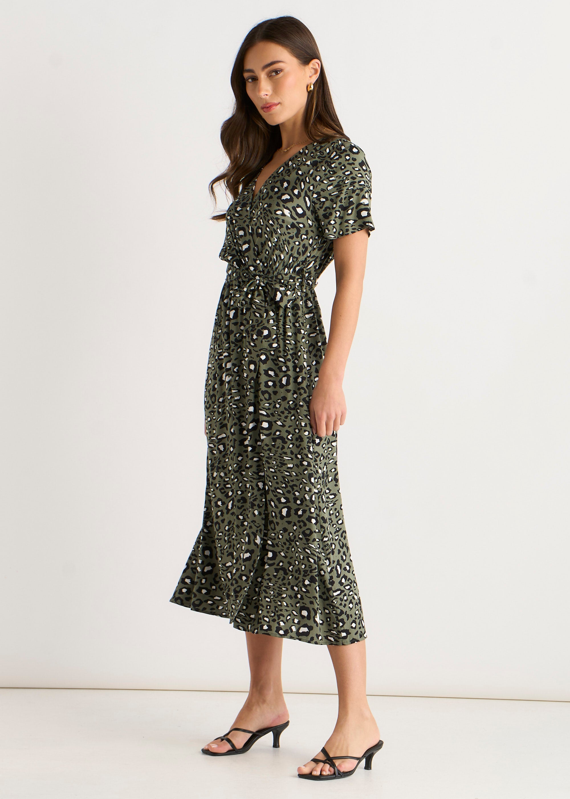 Khaki Short Sleeve Animal Print Wrap Front Midi Dress