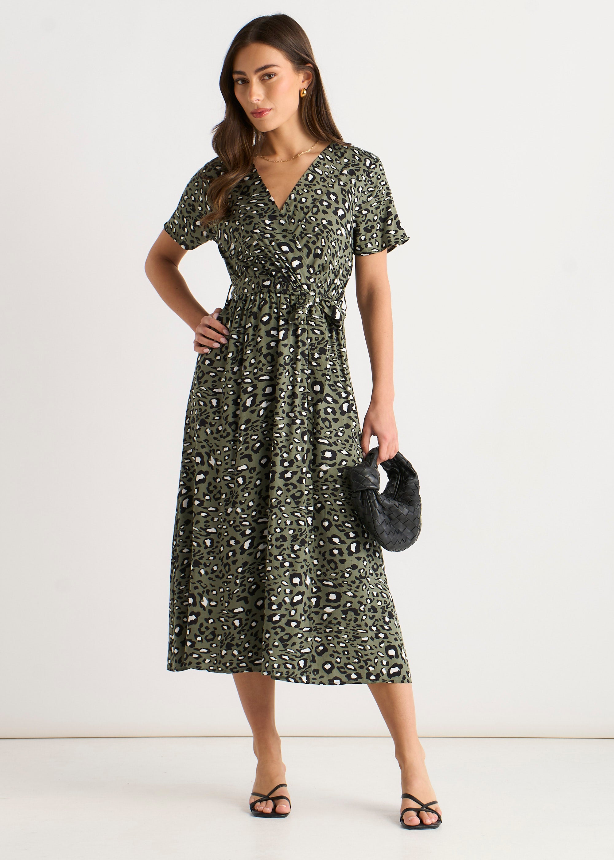 Khaki Short Sleeve Animal Print Wrap Front Midi Dress