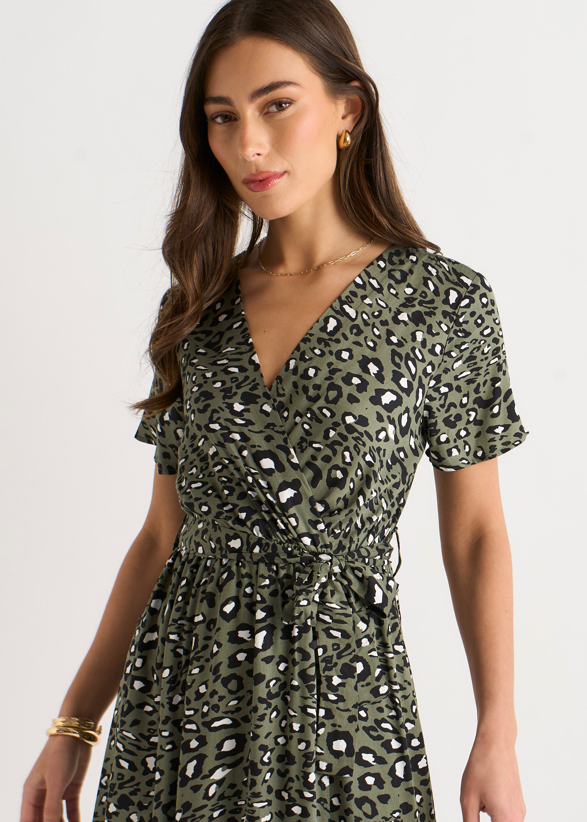Khaki Short Sleeve Animal Print Wrap Front Midi Dress