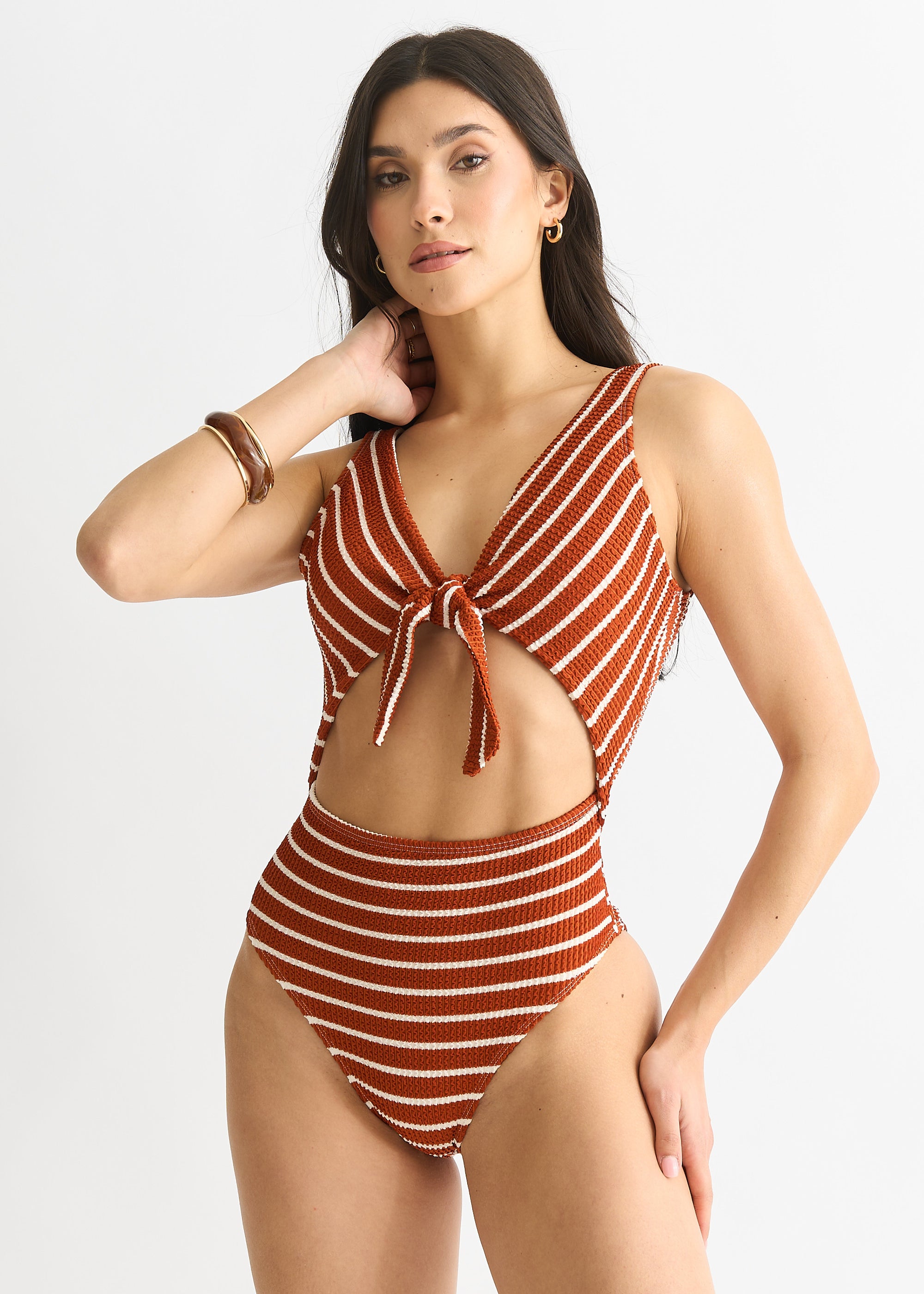Rust & White Stripe Textured Tie Front Swimsuit