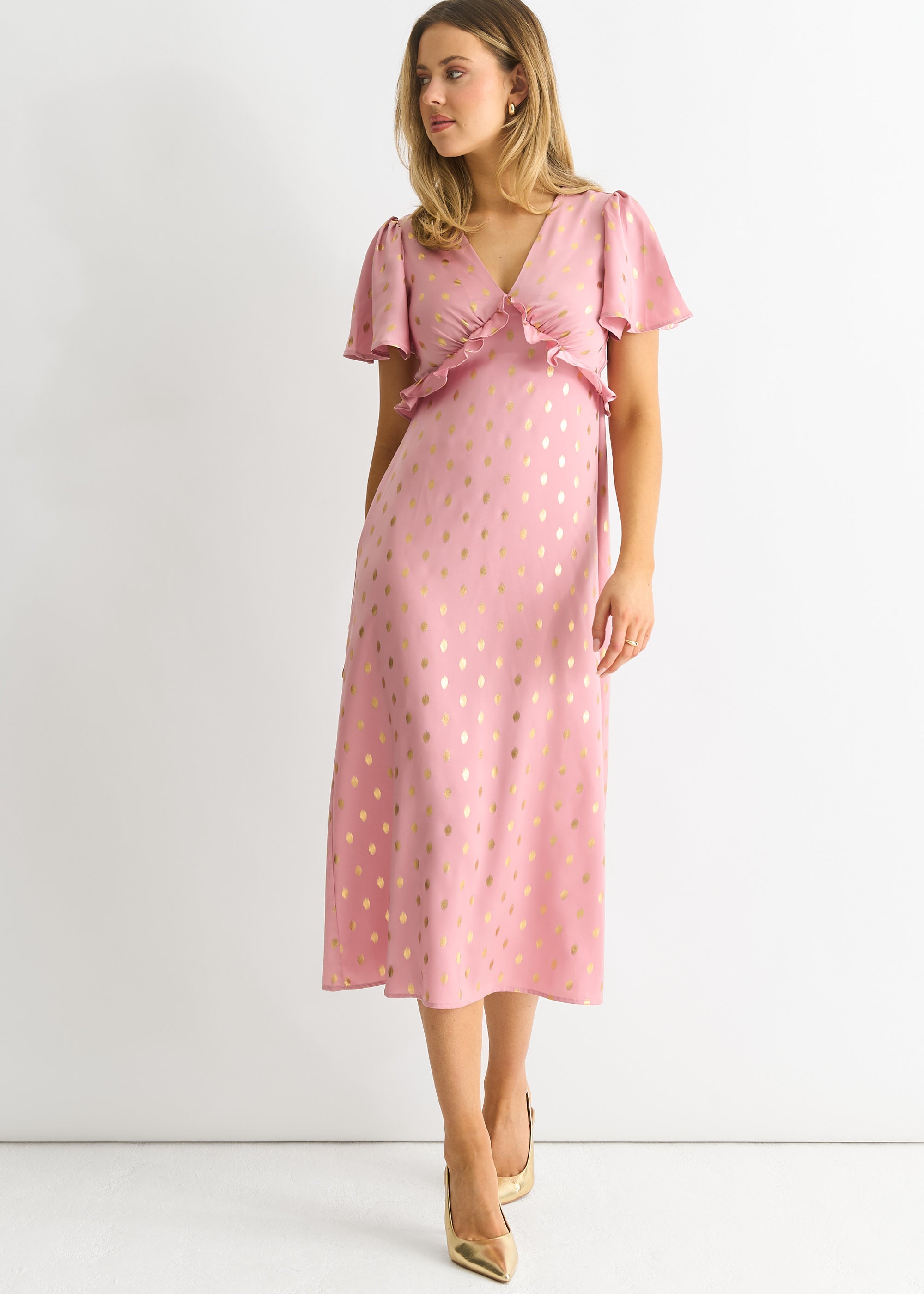 Blush Metallic Foil V Neck Midi Dress