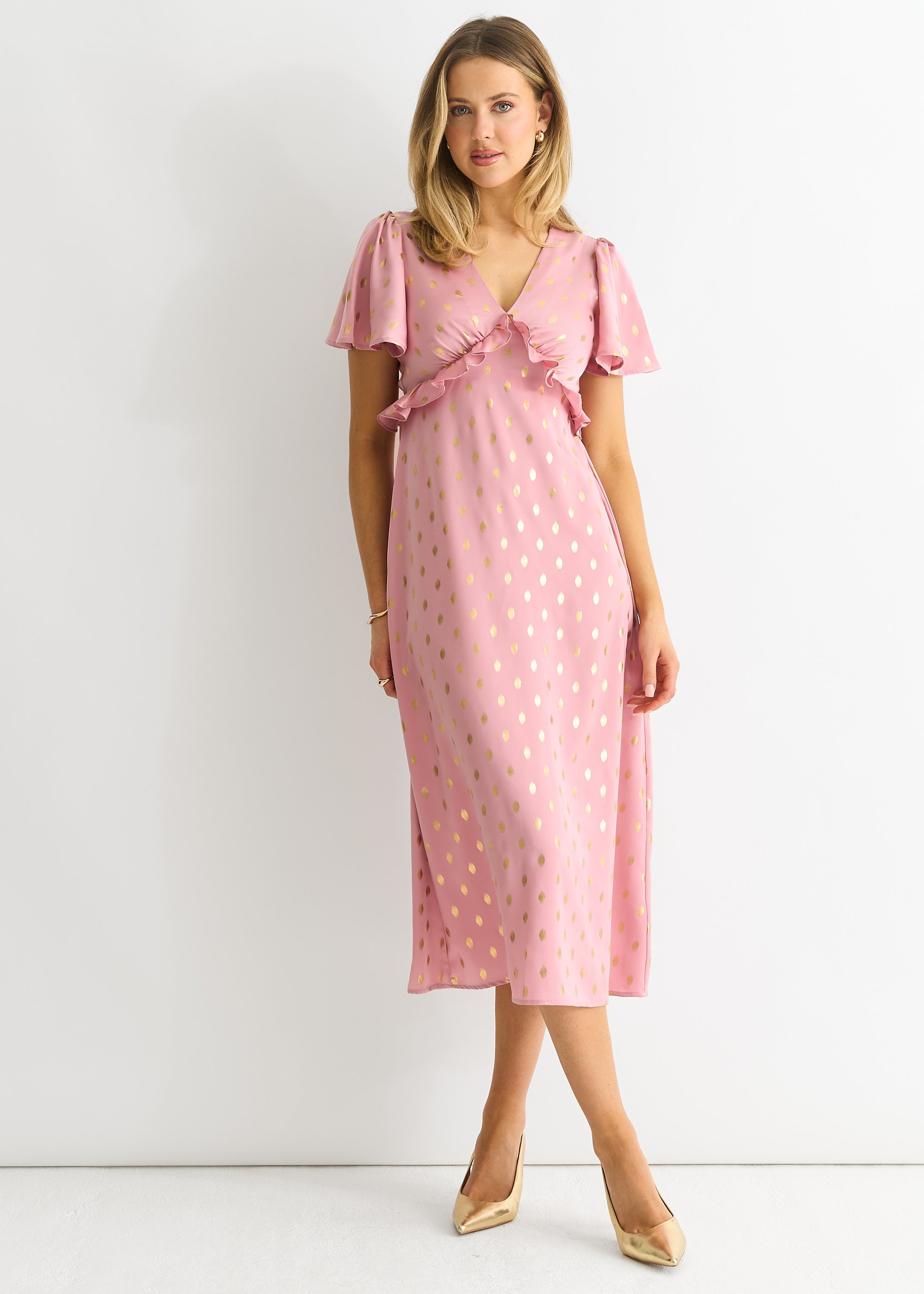 Blush Metallic Foil V Neck Midi Dress