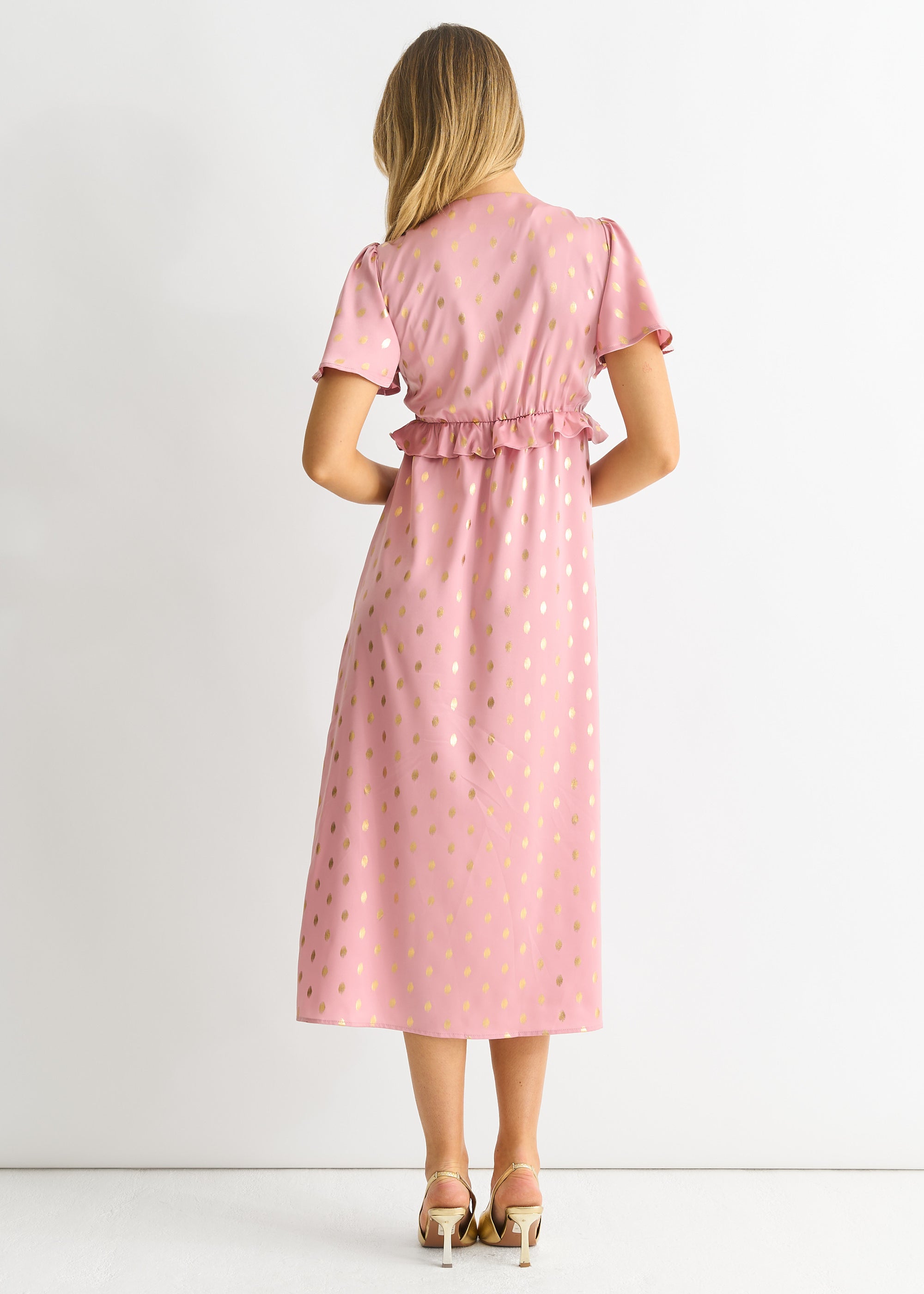 Blush Metallic Foil V Neck Midi Dress