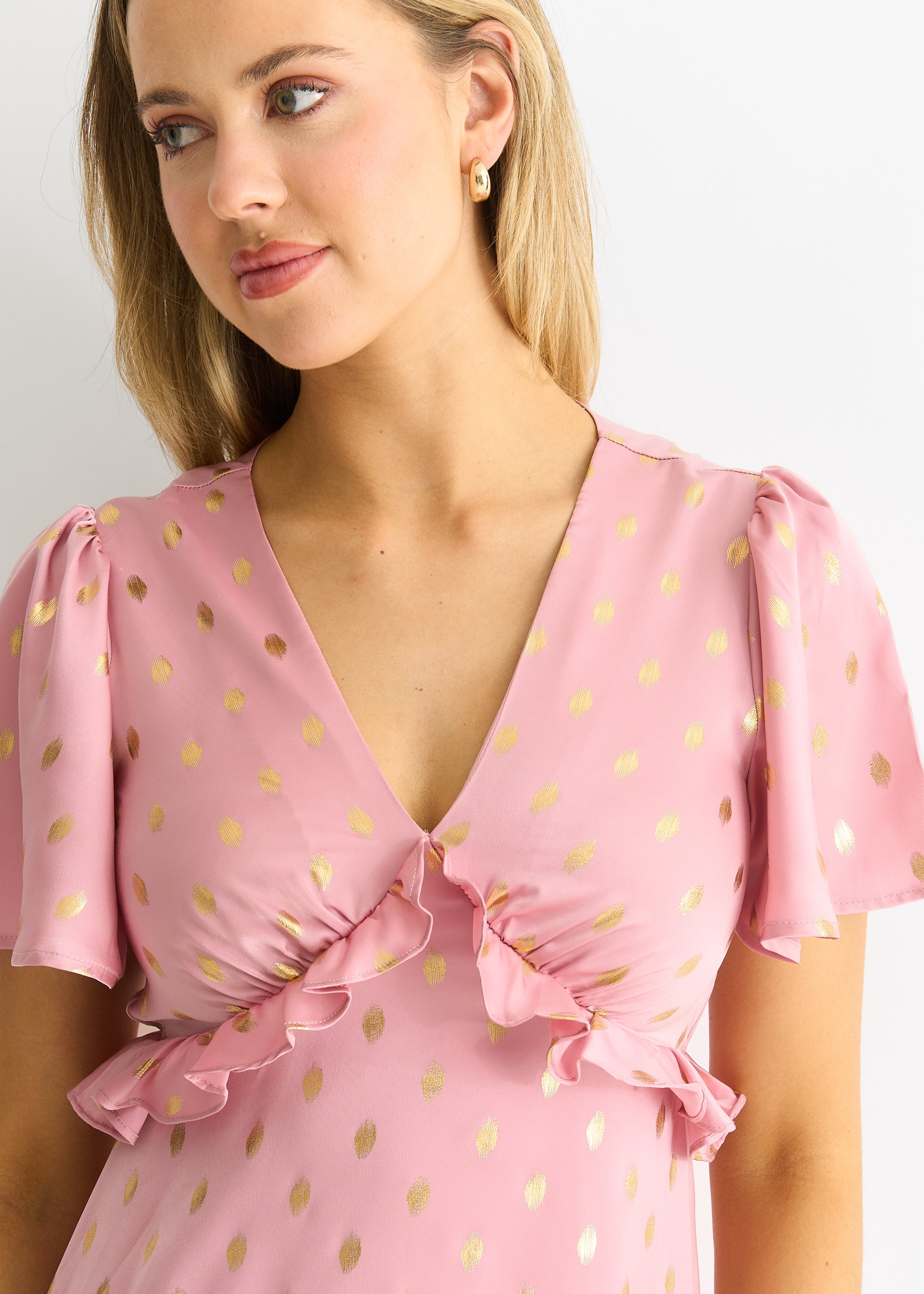 Blush Metallic Foil V Neck Midi Dress