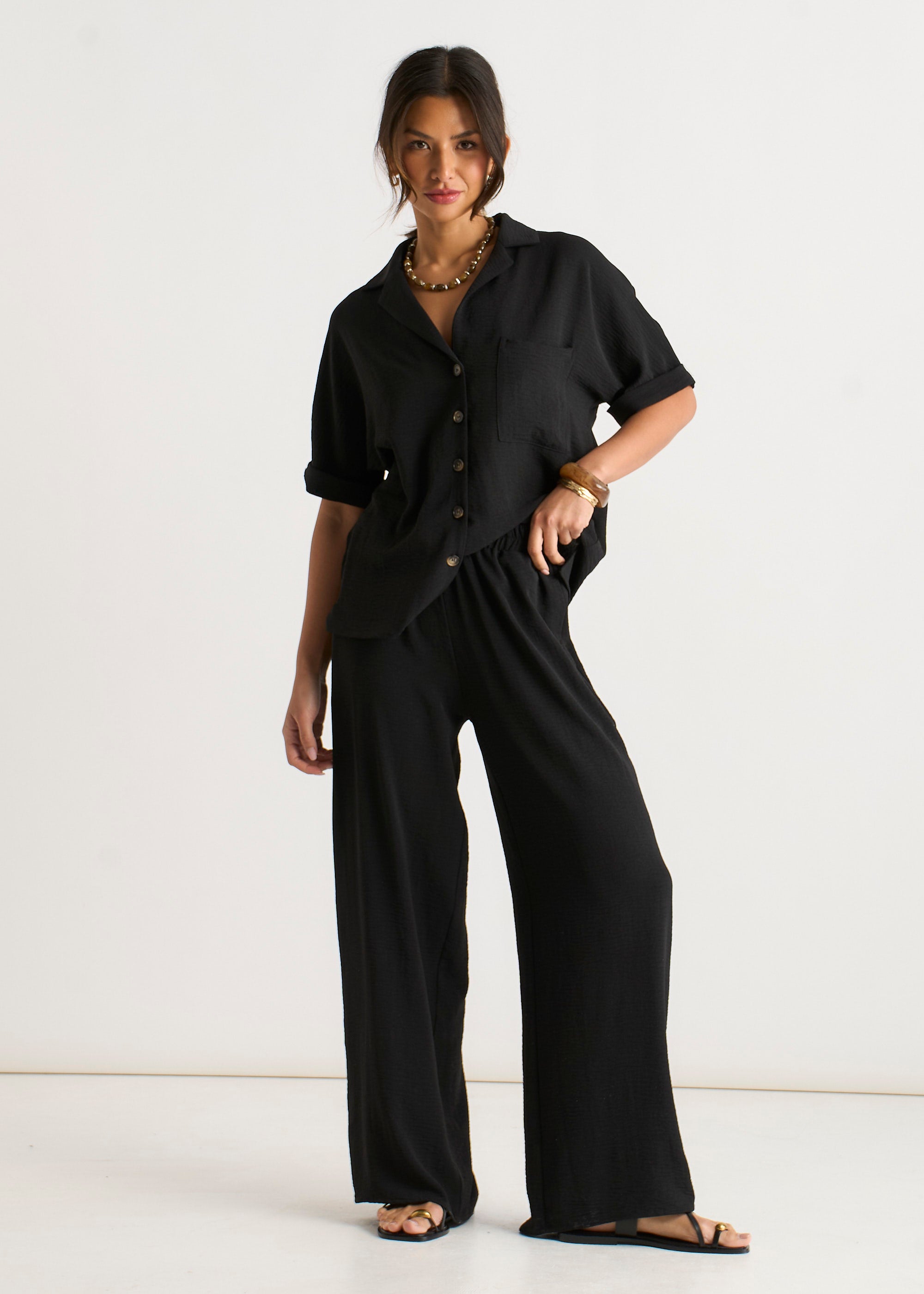 Black Elastic Waist Wide Leg Trousers