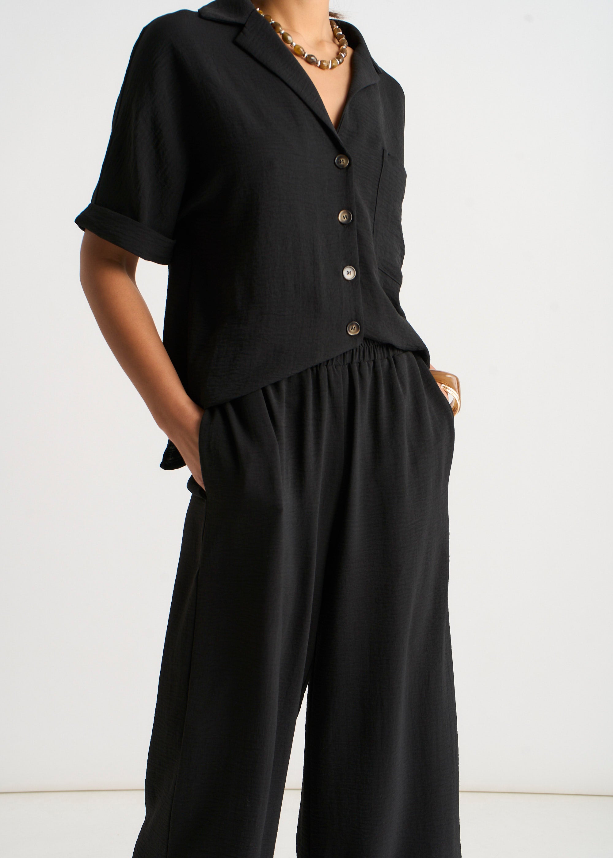 Black Elastic Waist Wide Leg Trousers