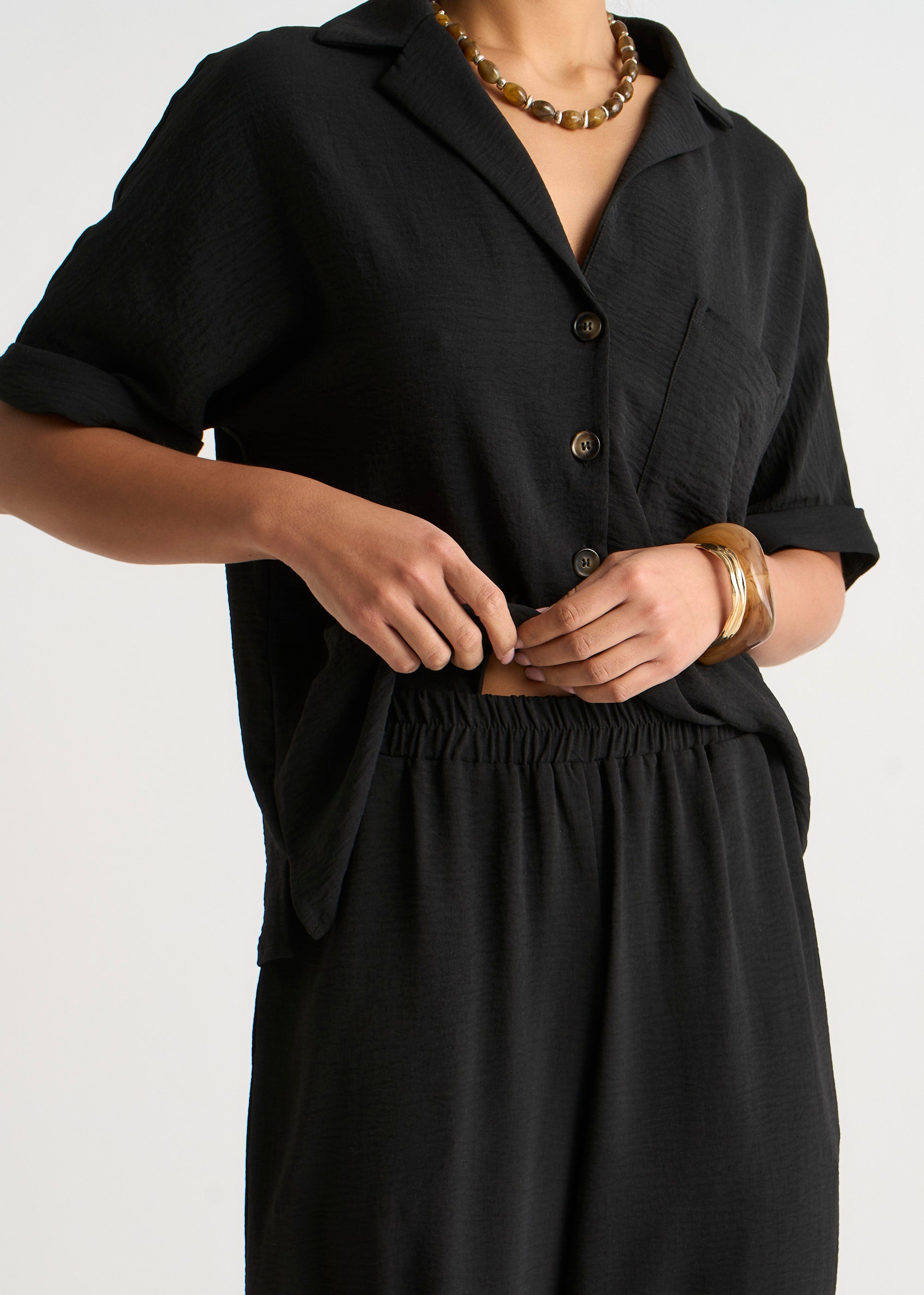 Black Elastic Waist Wide Leg Trousers