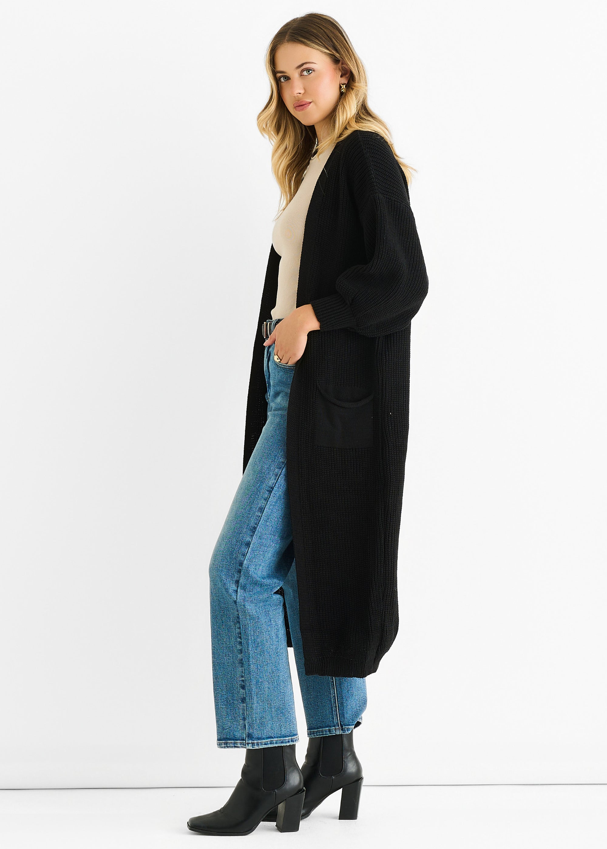 Black Chunky Knit Long Cardigan