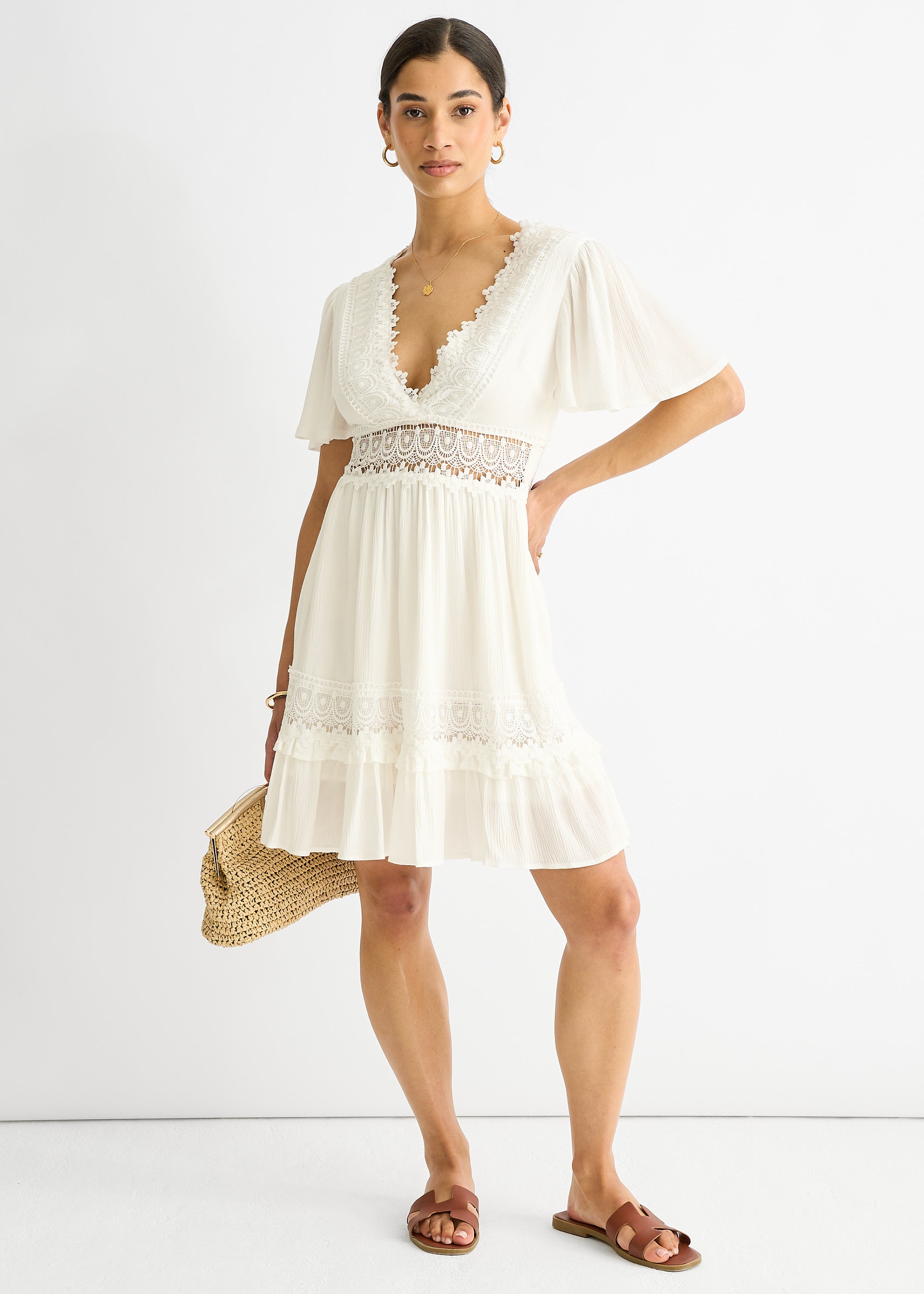 White Lace Trim Viscose Mini Skater Dress