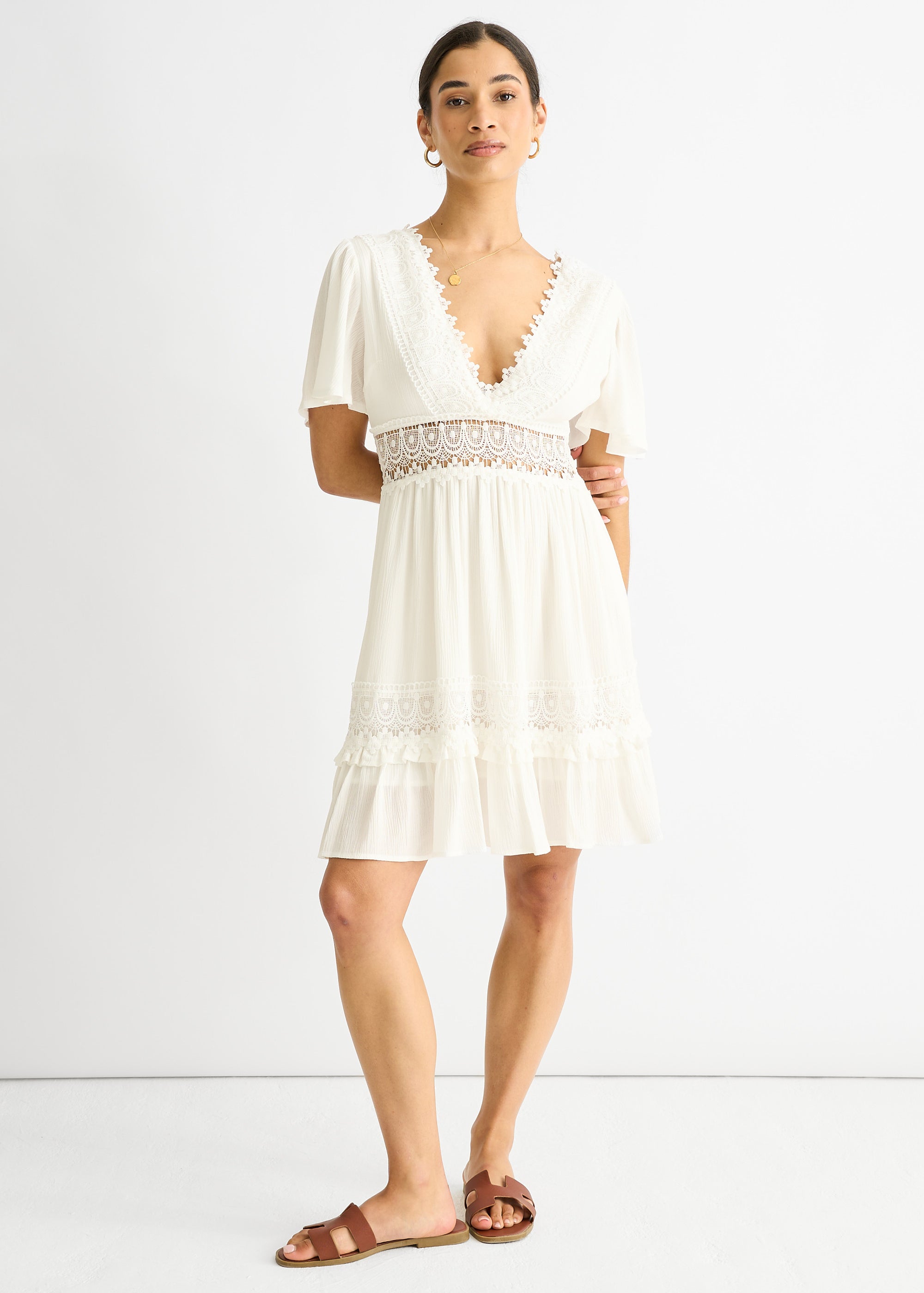 White Lace Trim Viscose Mini Skater Dress