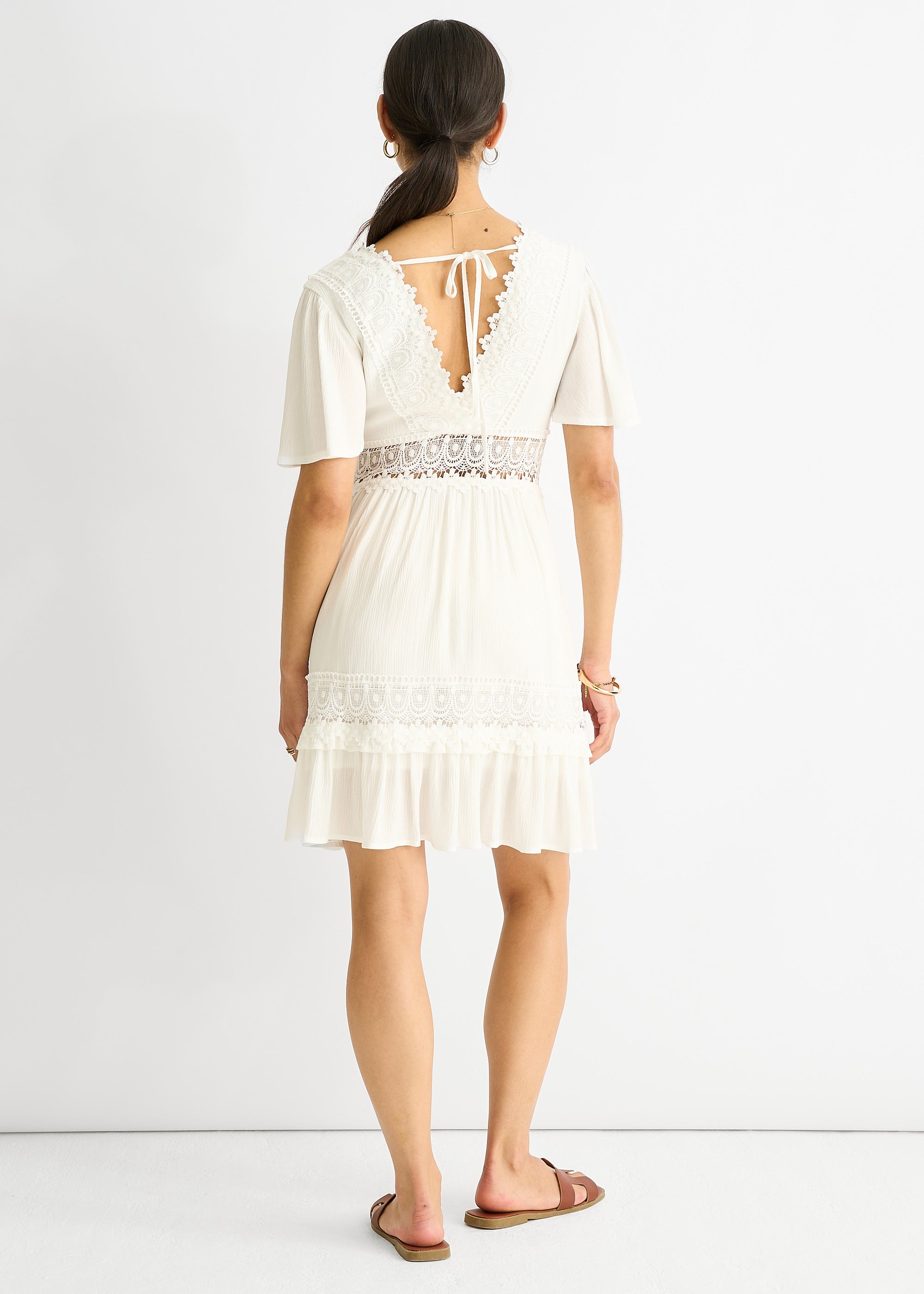 White Lace Trim Viscose Mini Skater Dress