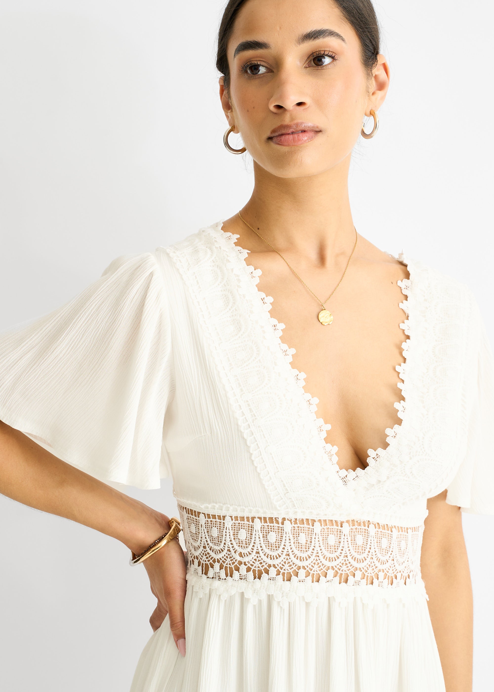 White Lace Trim Viscose Mini Skater Dress