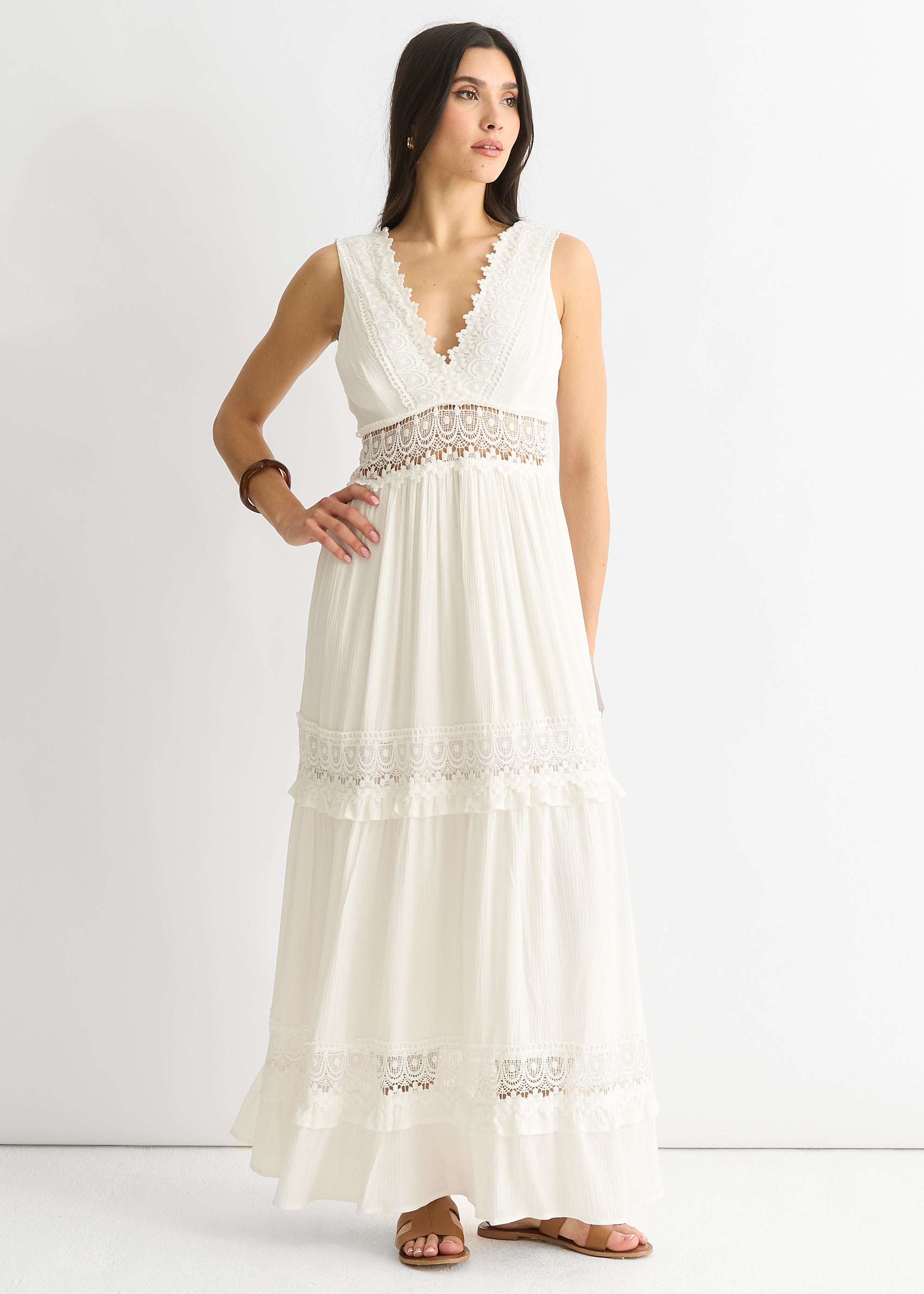 White Lace Trim Viscose Maxi Dress