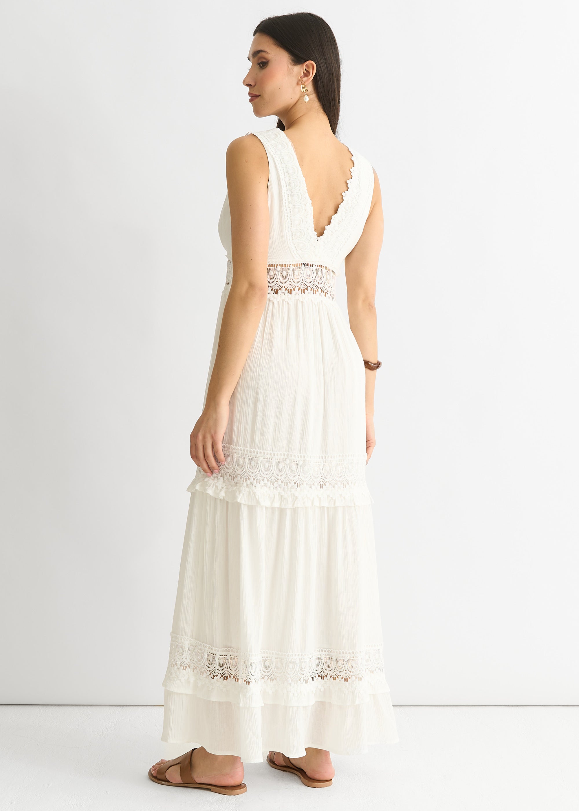 White Lace Trim Viscose Maxi Dress