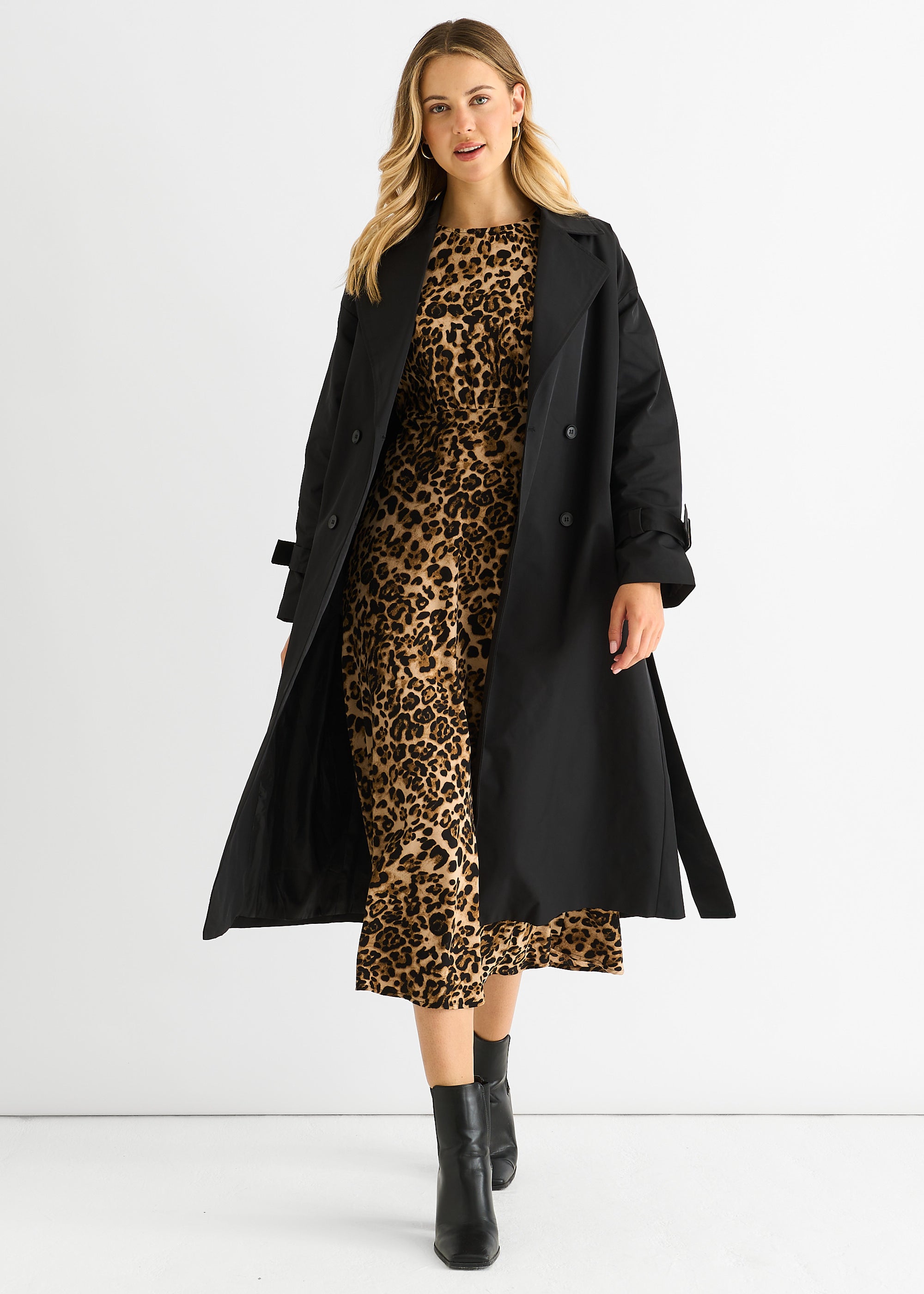 Black Double Breast Longline Belted Trench Coat