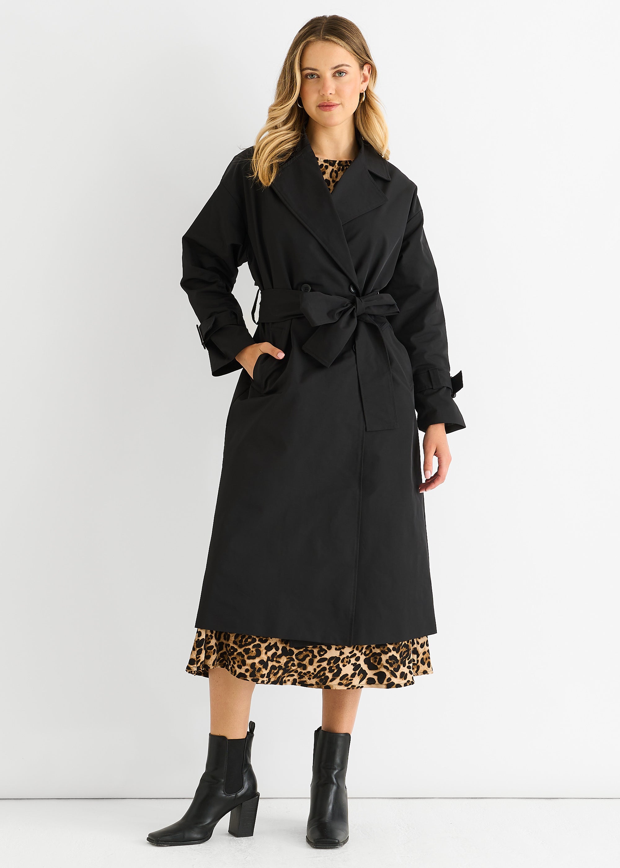 Black Double Breast Longline Belted Trench Coat