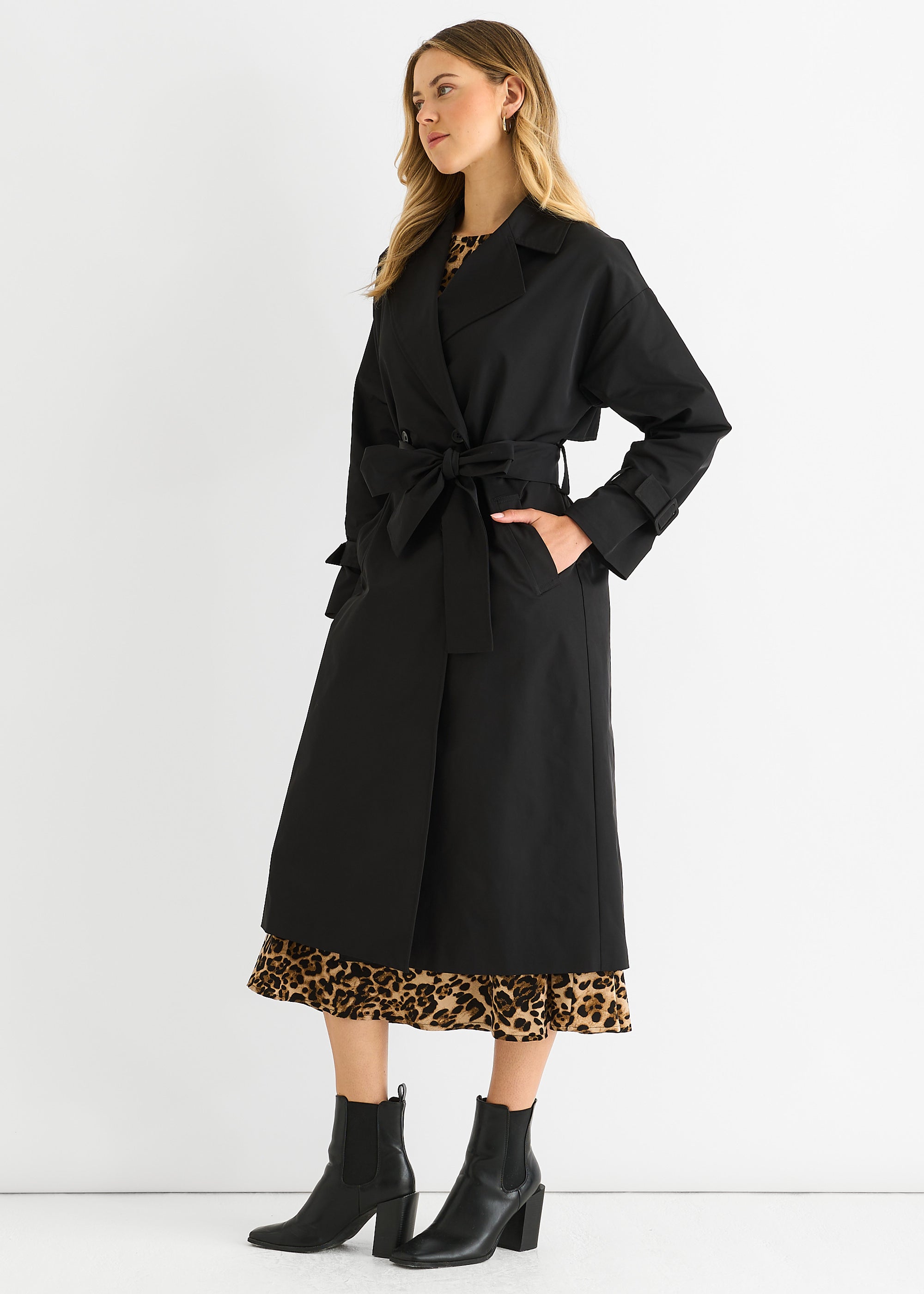 Black Double Breast Longline Belted Trench Coat