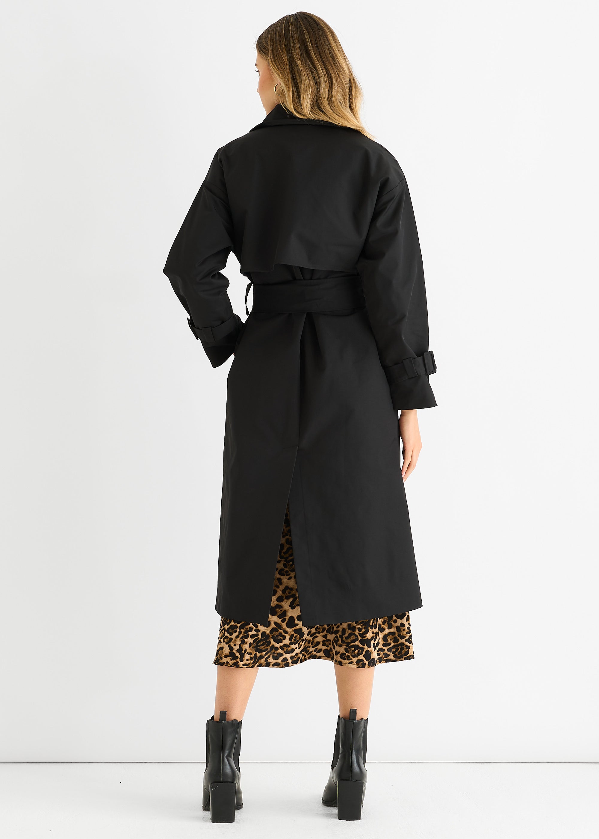 Black Double Breast Longline Belted Trench Coat