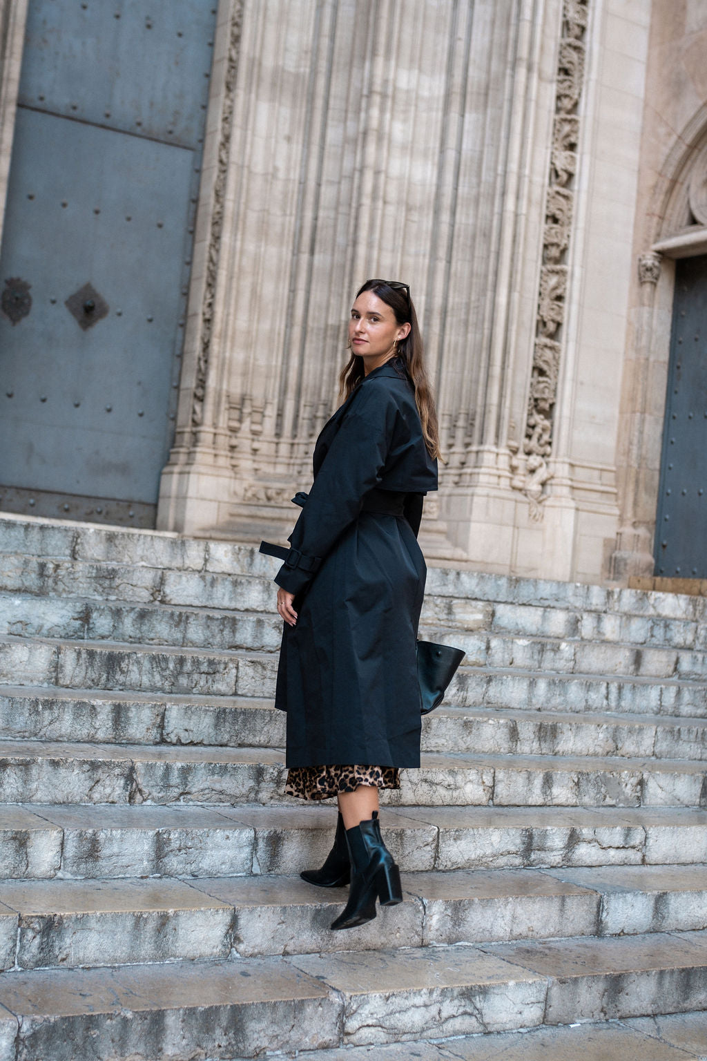 Black Double Breast Longline Belted Trench Coat