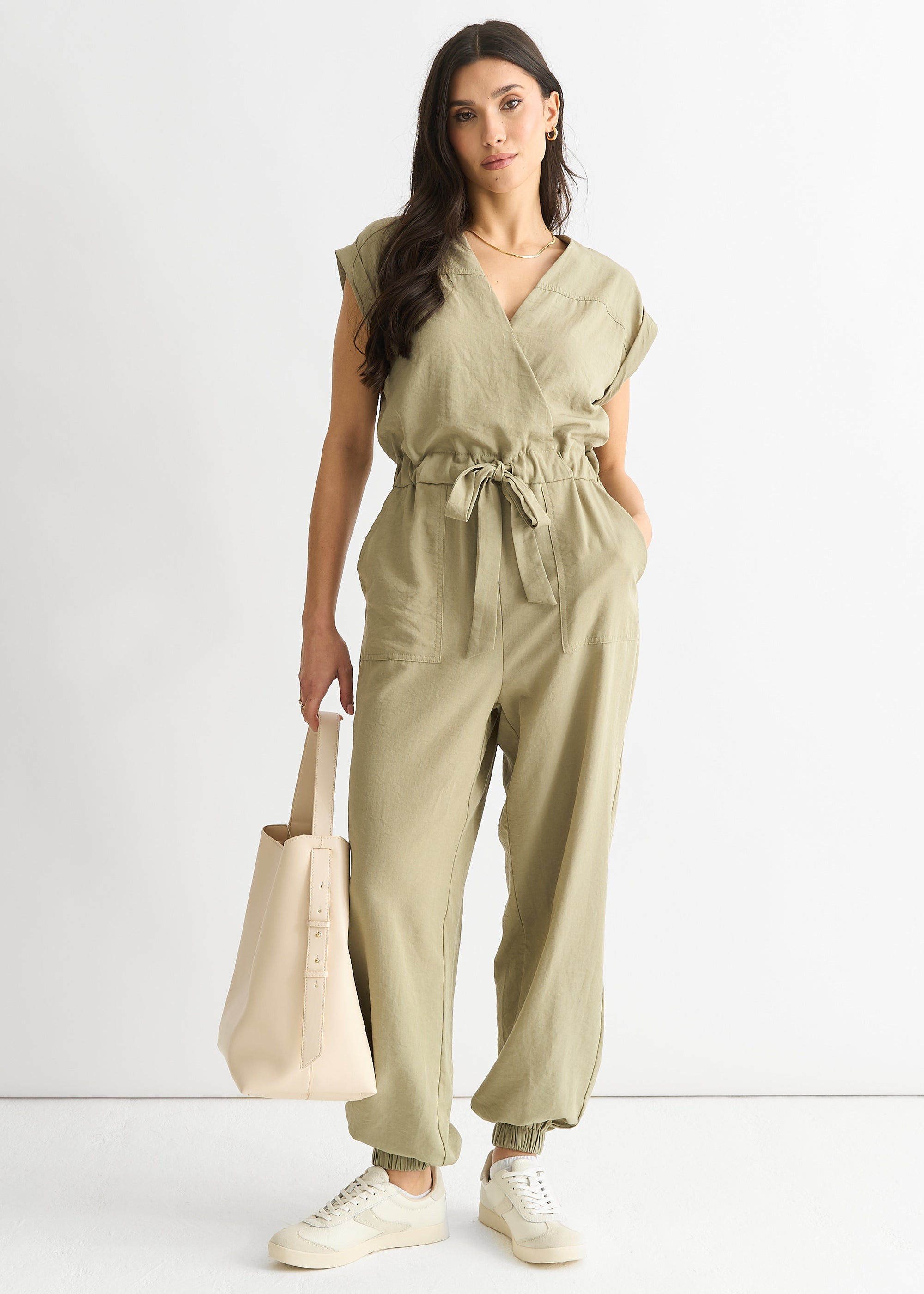 Sage Green Wrap Belted Utility Jumpsuit