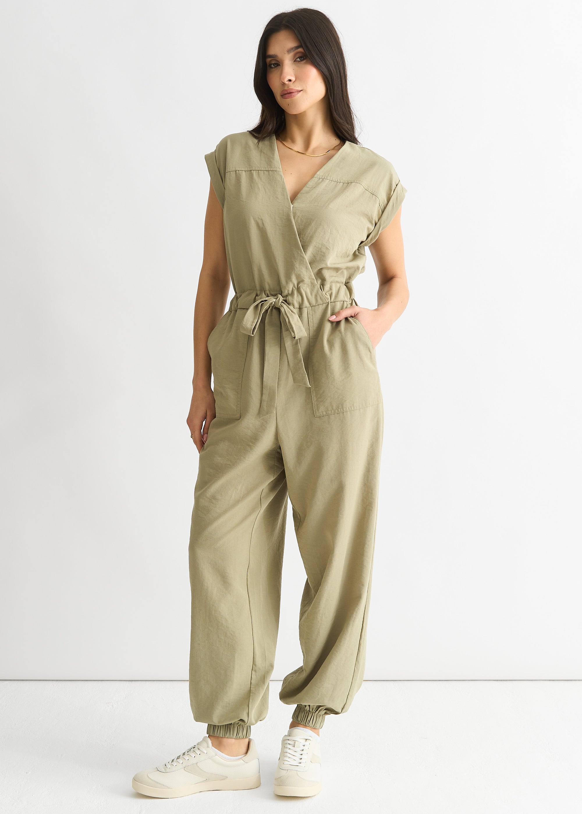 Sage Green Wrap Belted Utility Jumpsuit