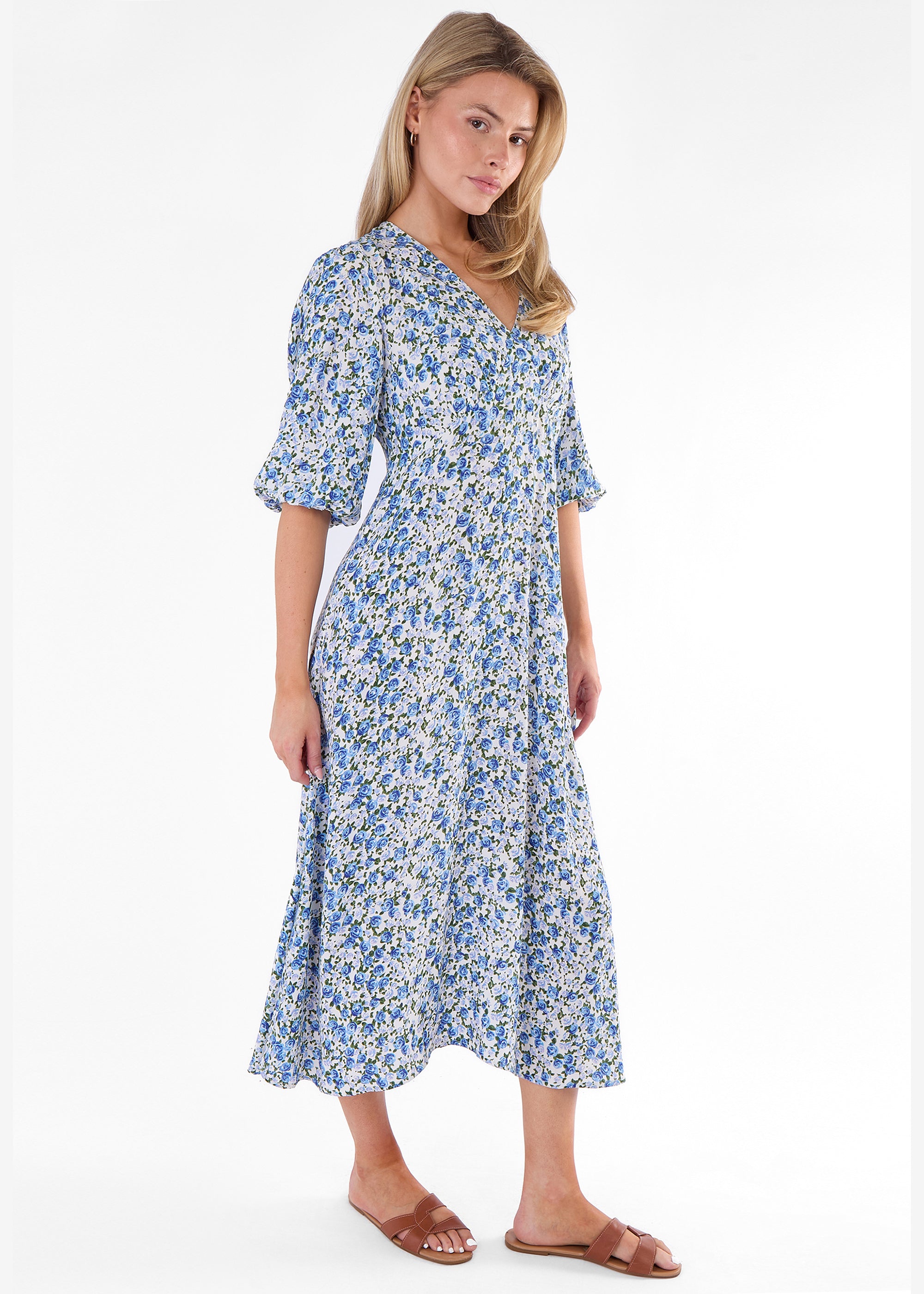 Blue Floral Print Viscose Midi Dress