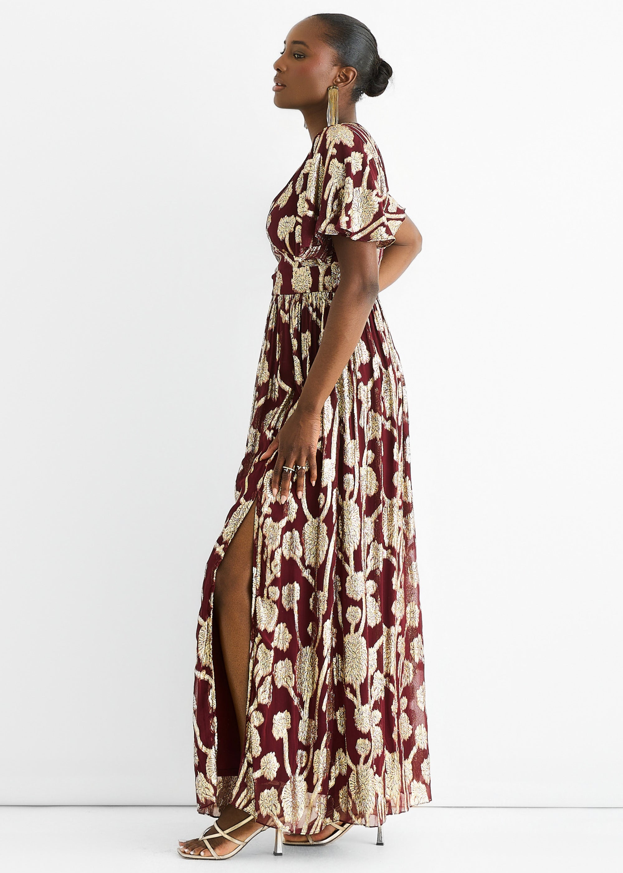 Burgundy Metallic Jacquard Flutter Sleeves Floral Maxi Dress