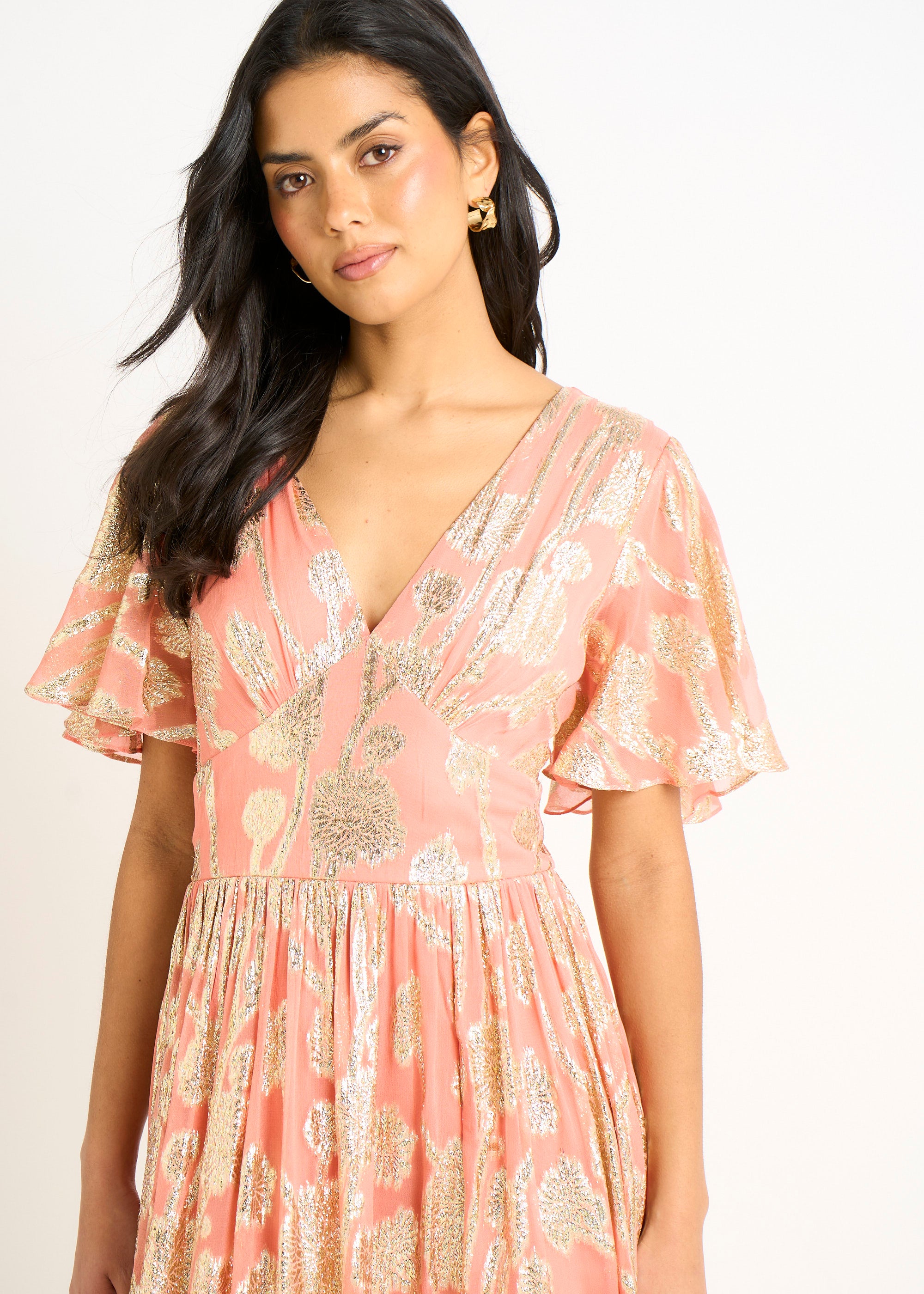 Pink Metallic Jacquard Flutter Sleeves Floral Maxi Dress