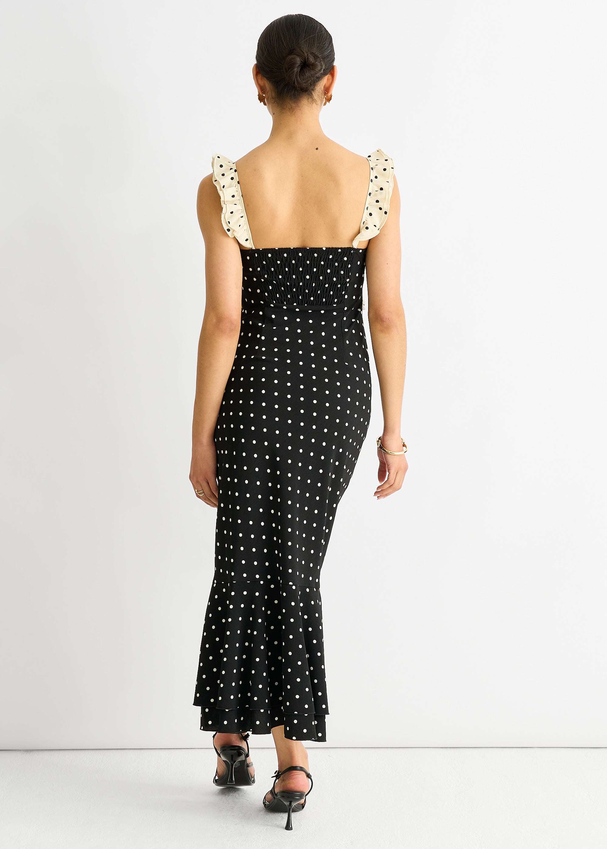 Black Spot Ruffle Bias Midi dress