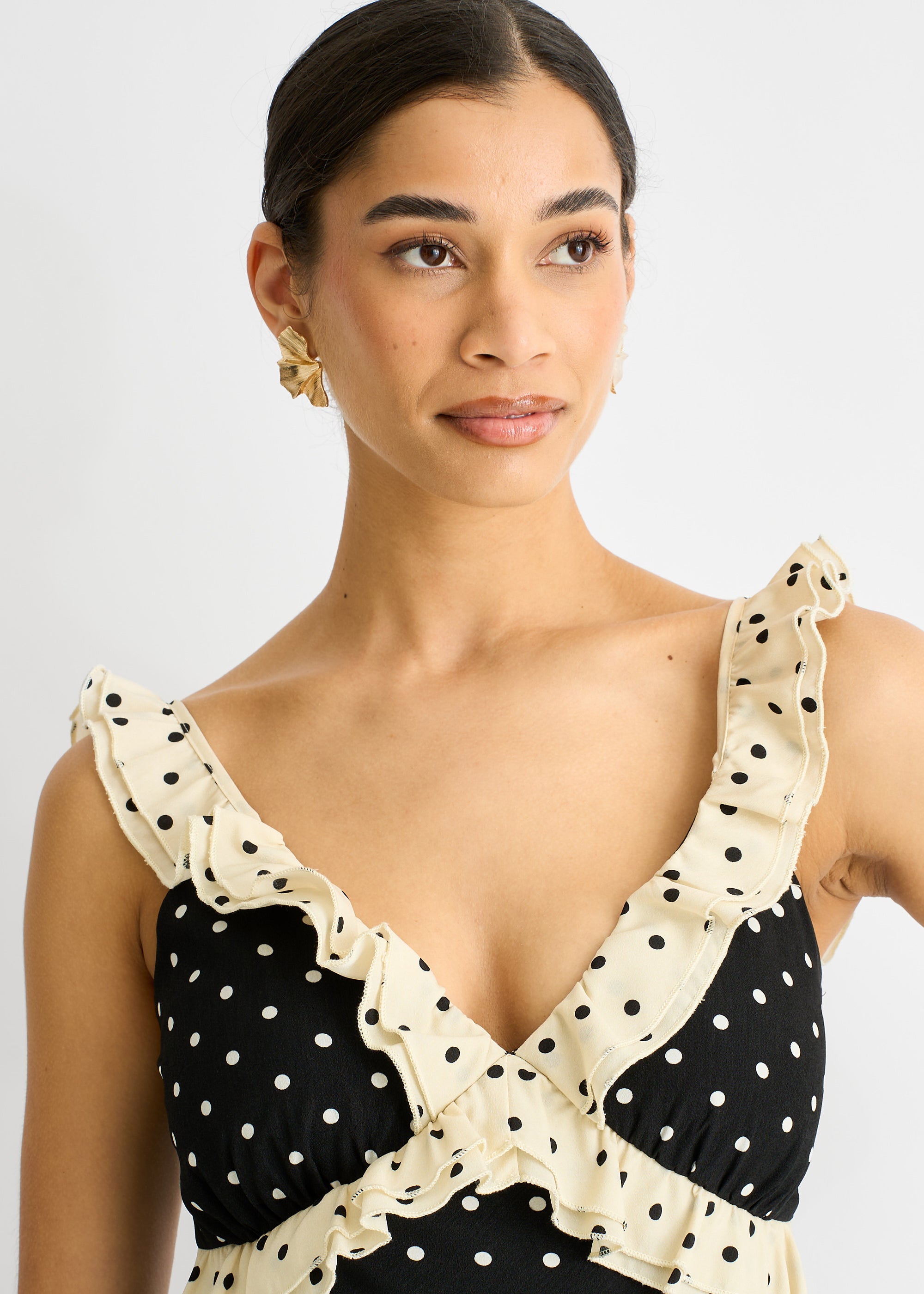 Black Spot Ruffle Bias Midi dress