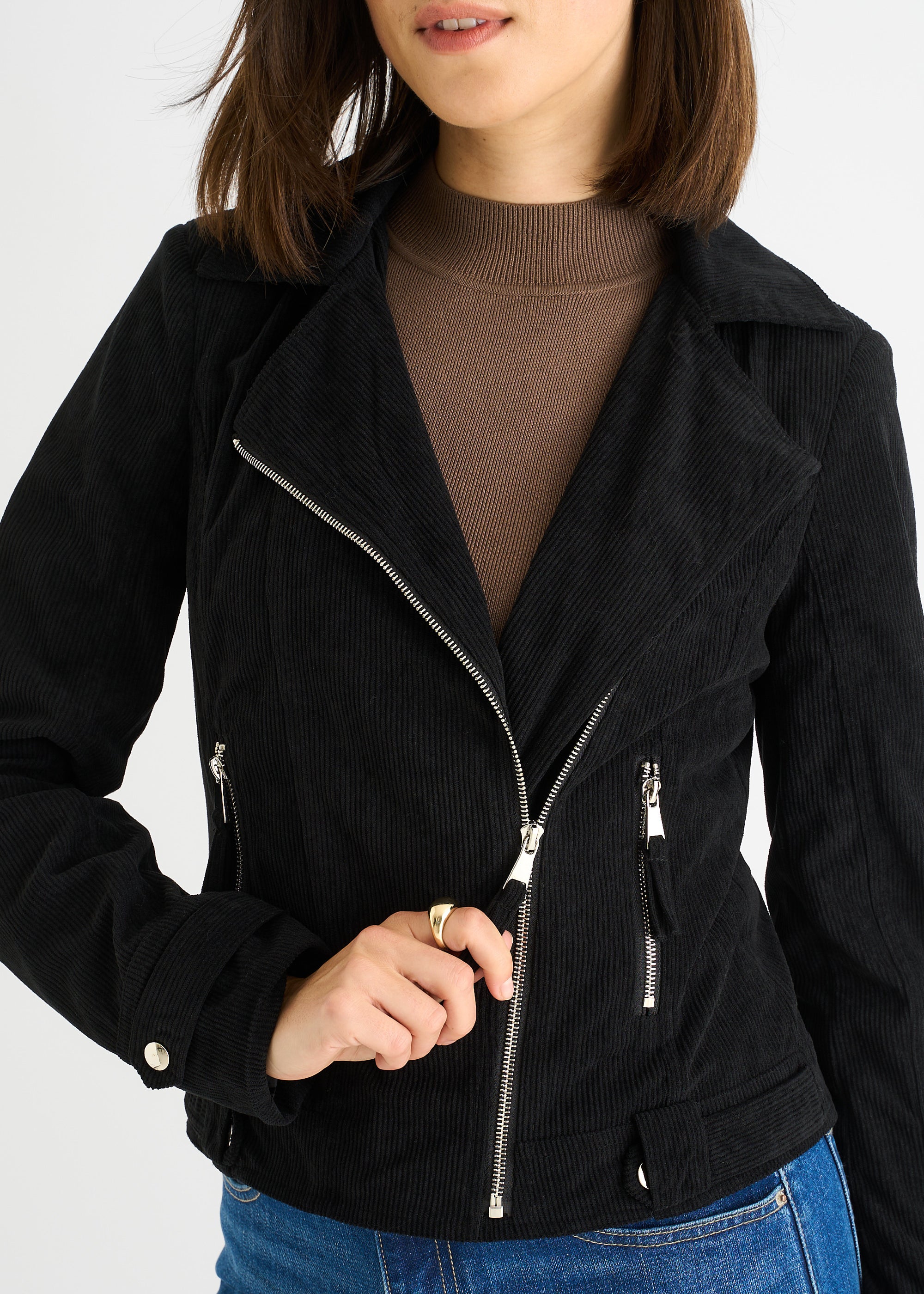 Black Corduroy Biker Zip Up Jacket