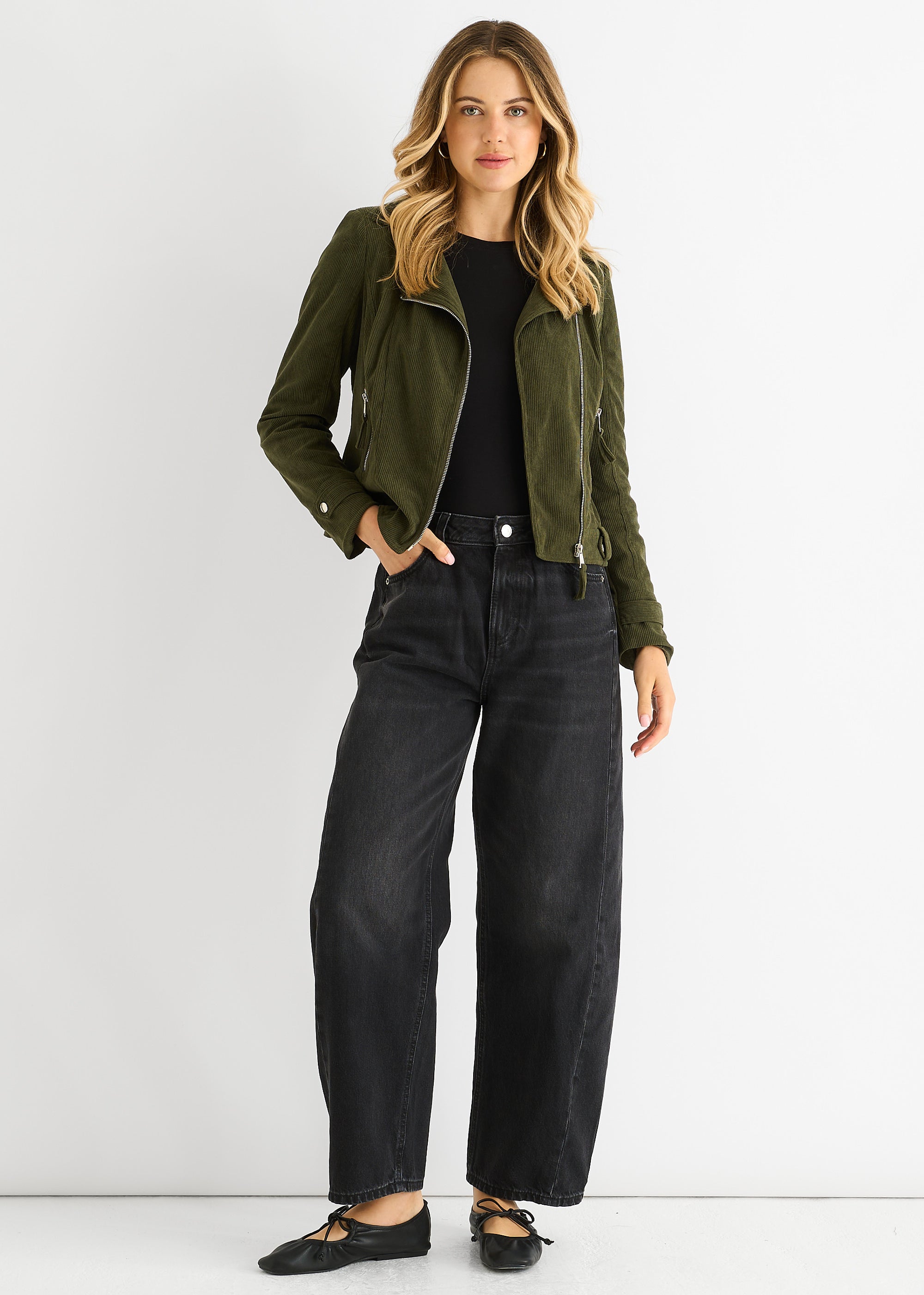 Khaki Corduroy Biker Zip Up Jacket