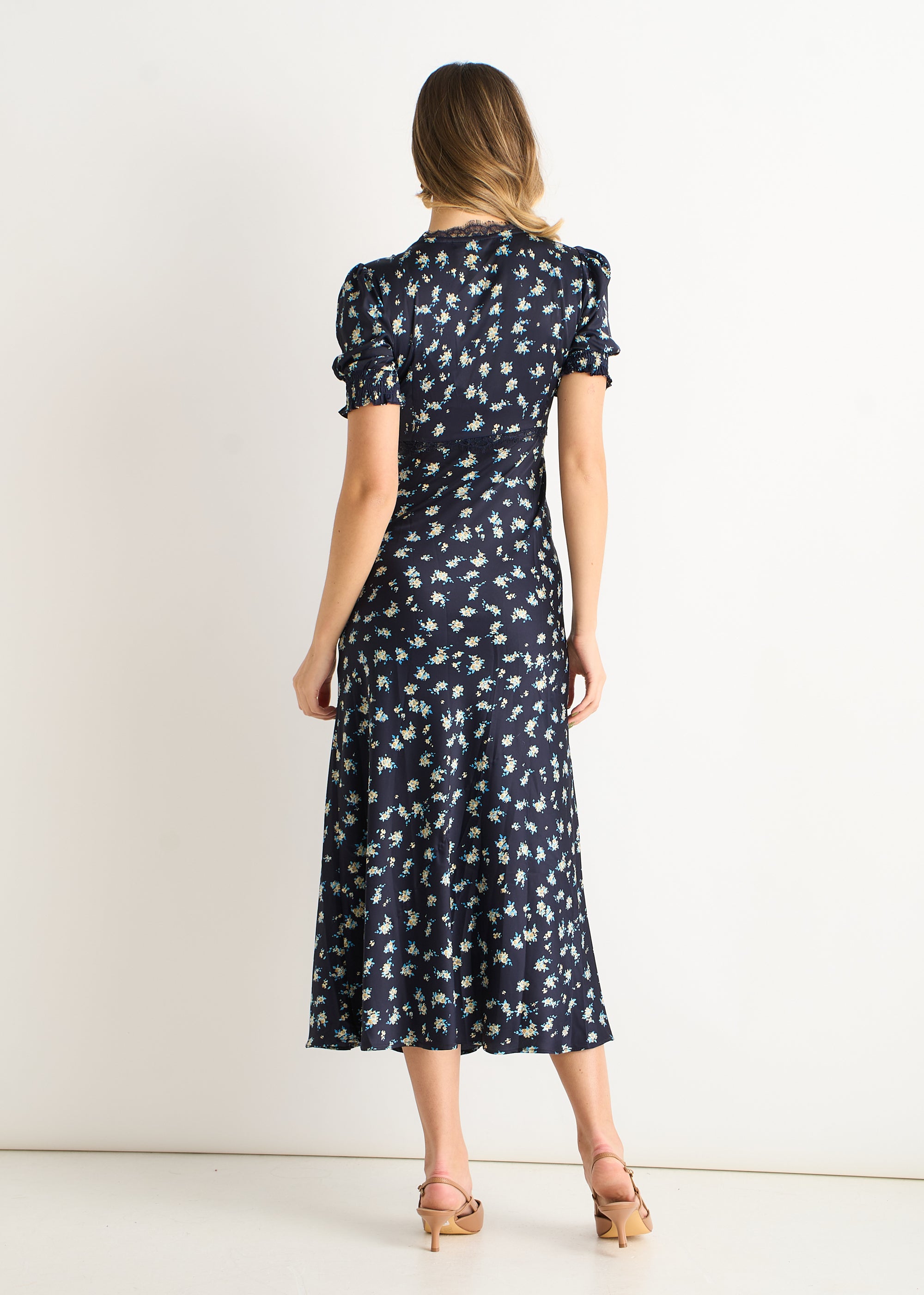 Navy Floral Lace Trim V Neck Midi Dress