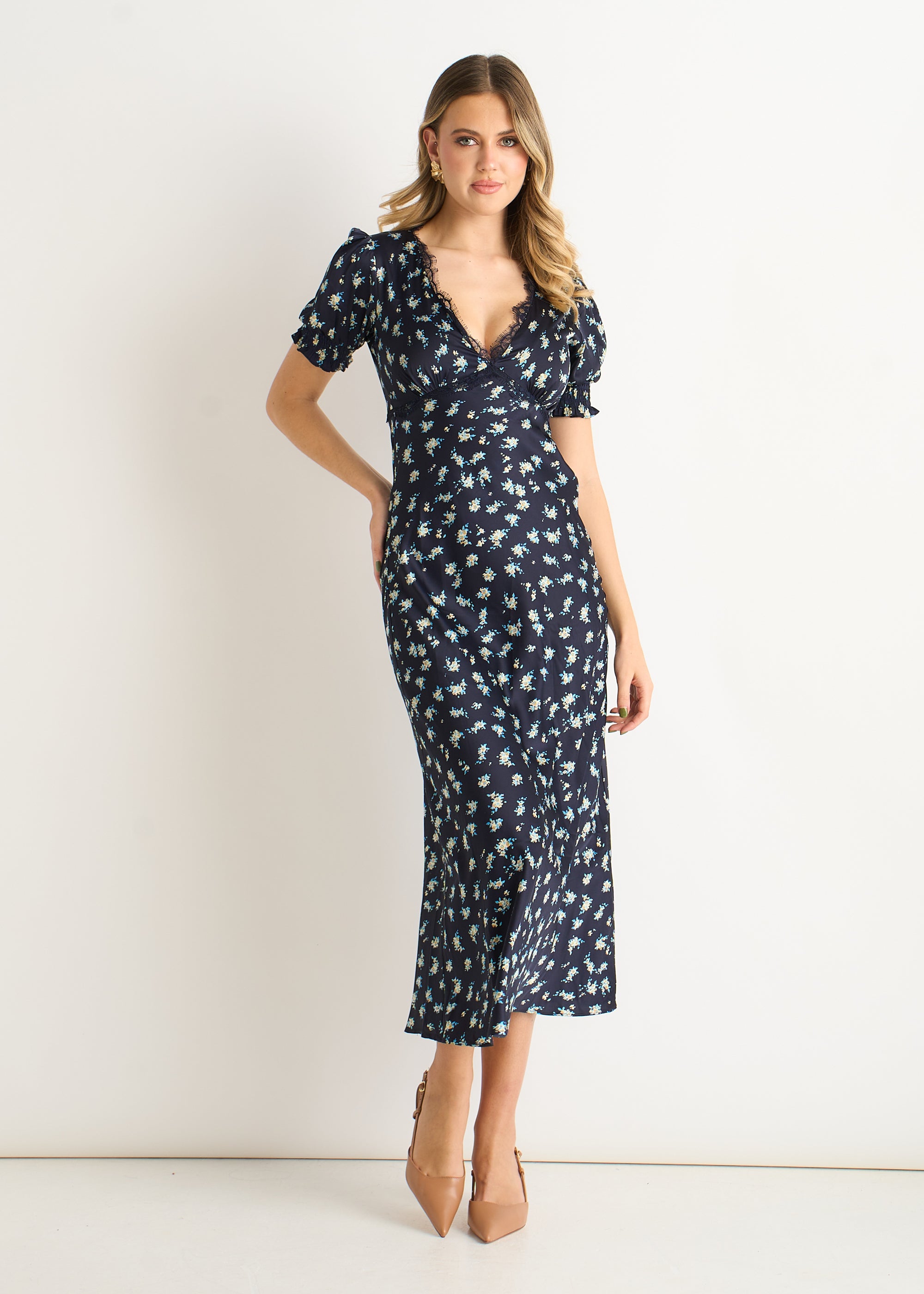 Navy Floral Lace Trim V Neck Midi Dress