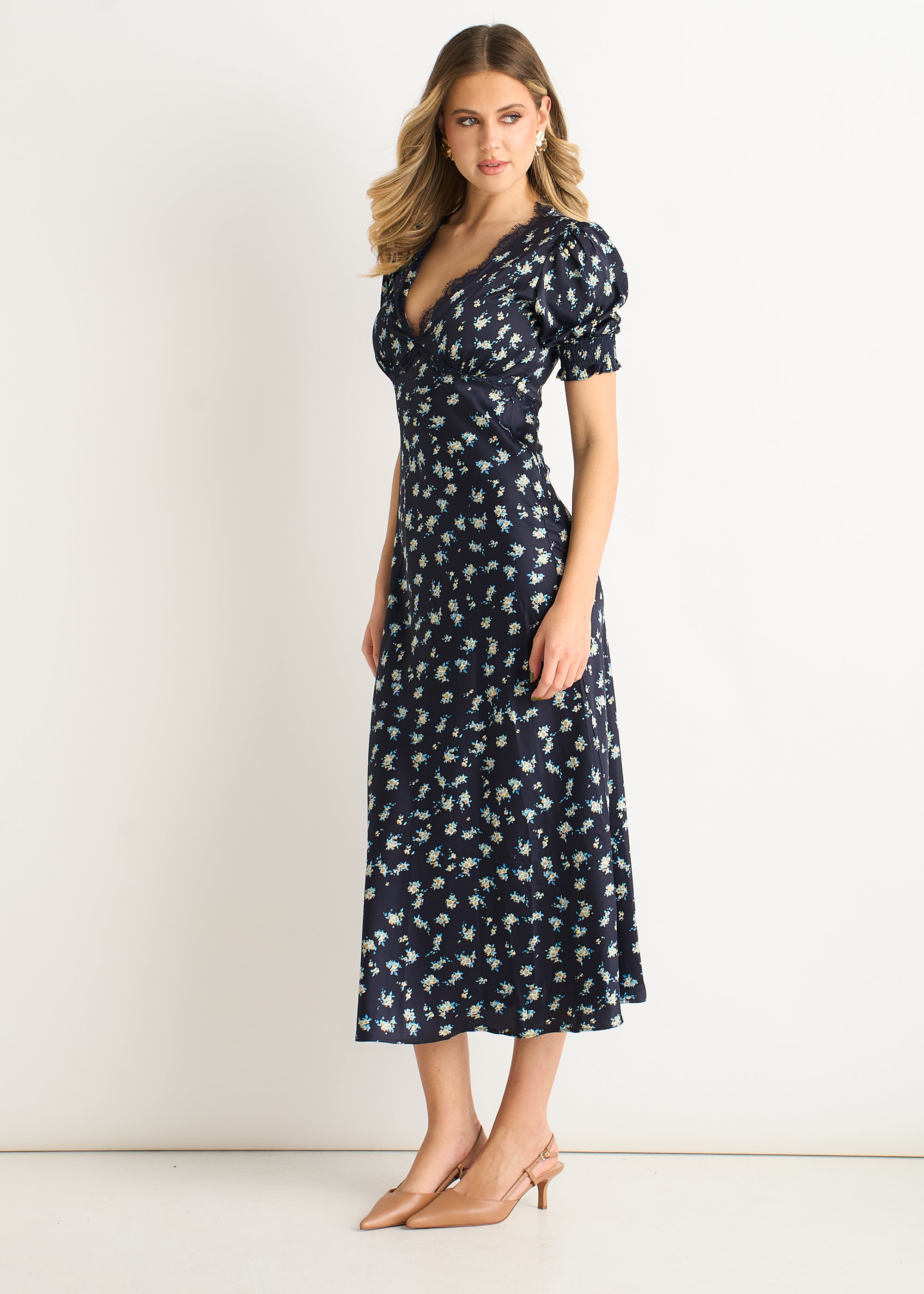Navy Floral Lace Trim V Neck Midi Dress