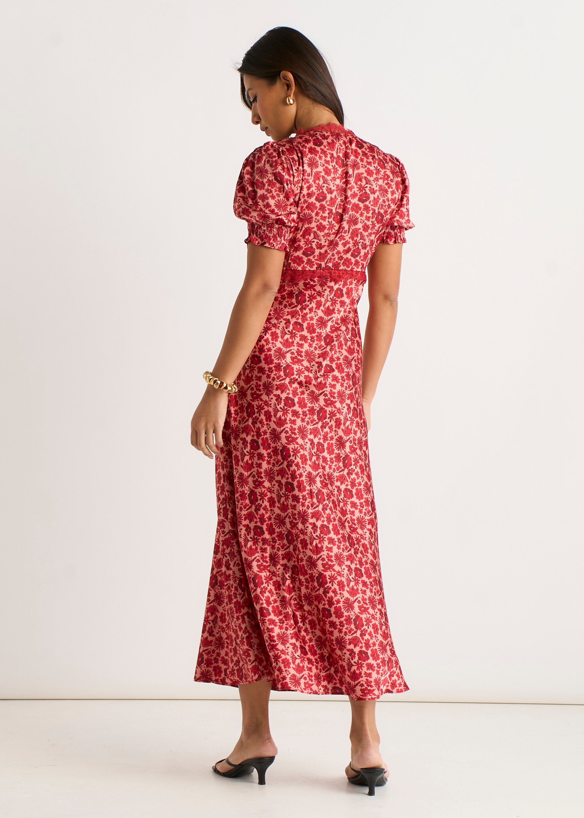 Red Floral Lace Trim V Neck Midi Dress