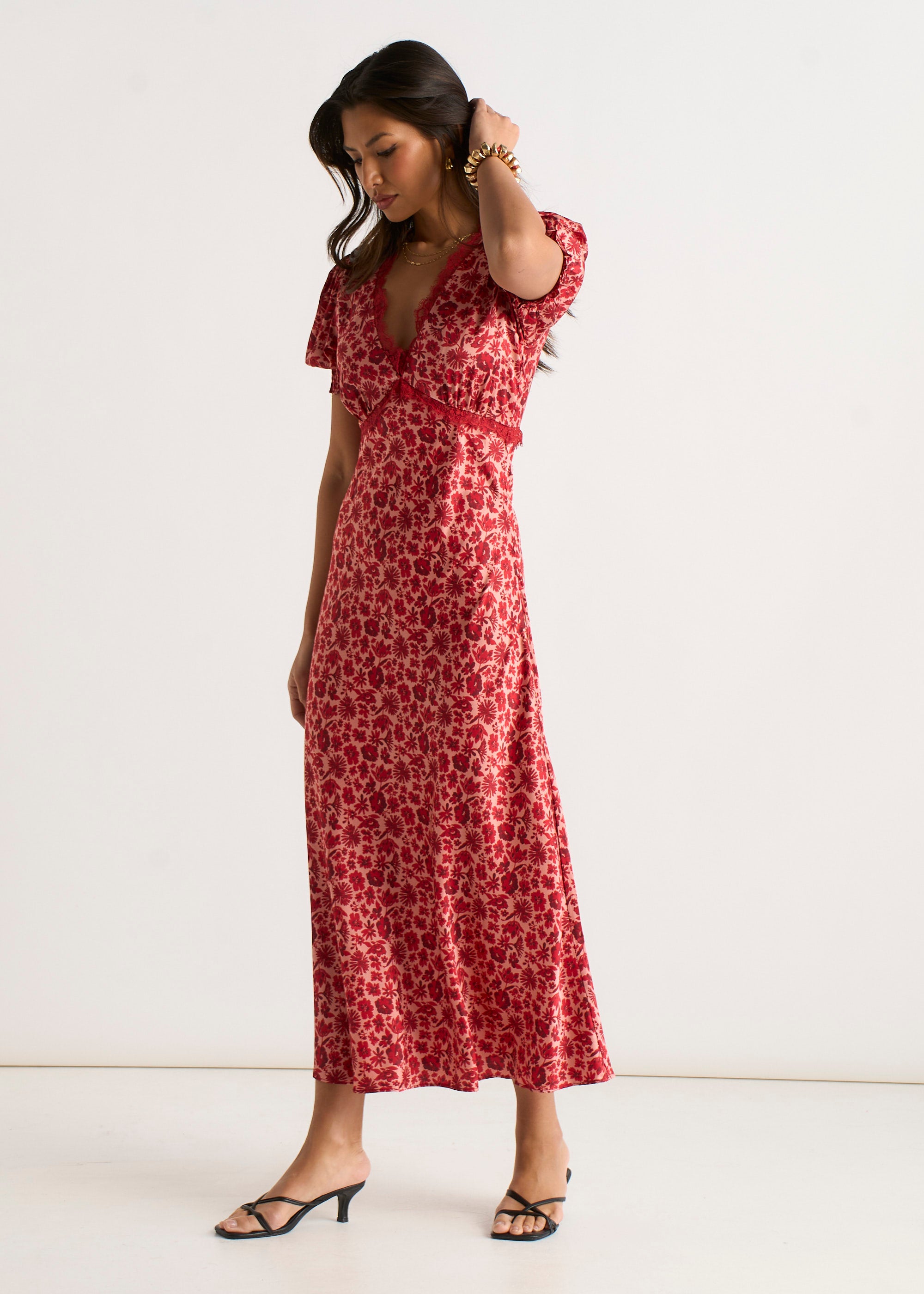 Red Floral Lace Trim V Neck Midi Dress