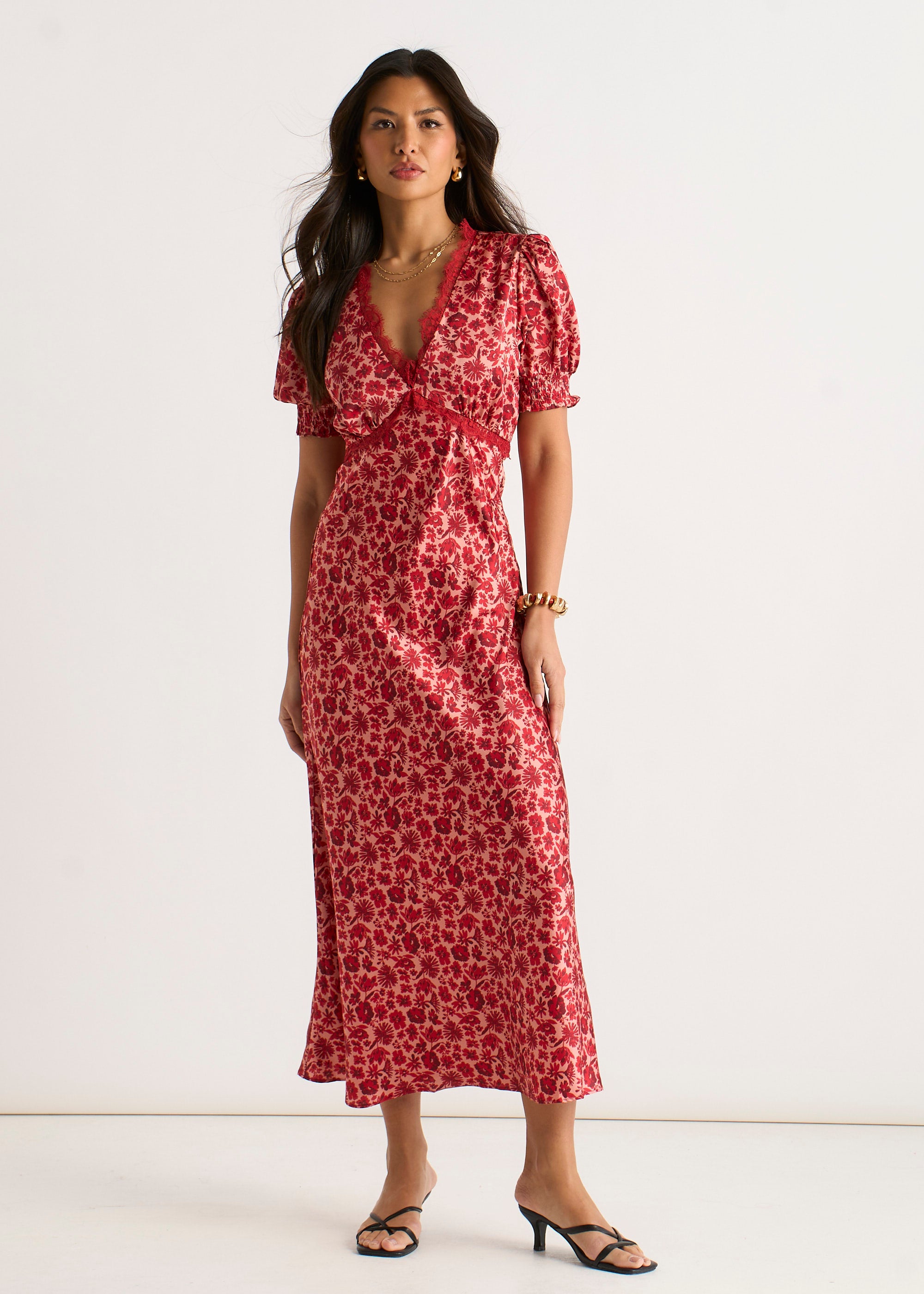 Red Floral Lace Trim V Neck Midi Dress