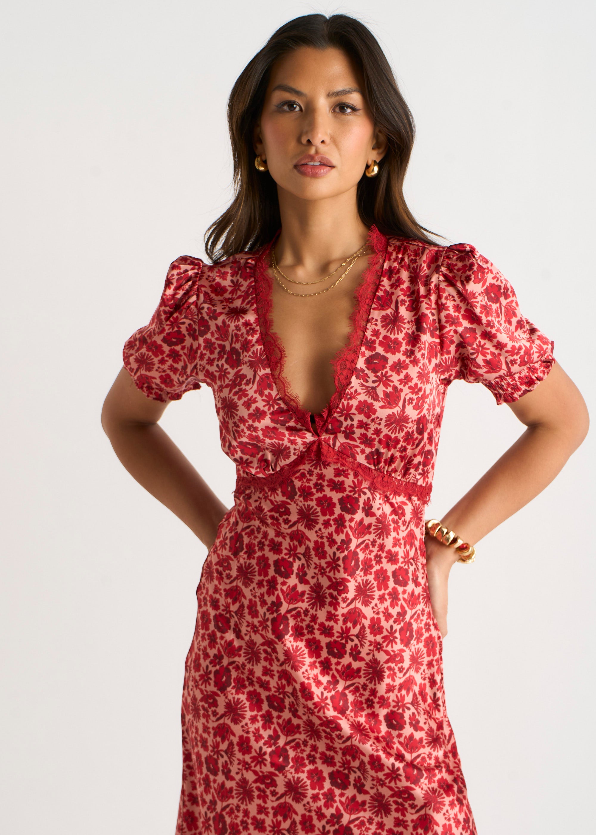 Red Floral Lace Trim V Neck Midi Dress