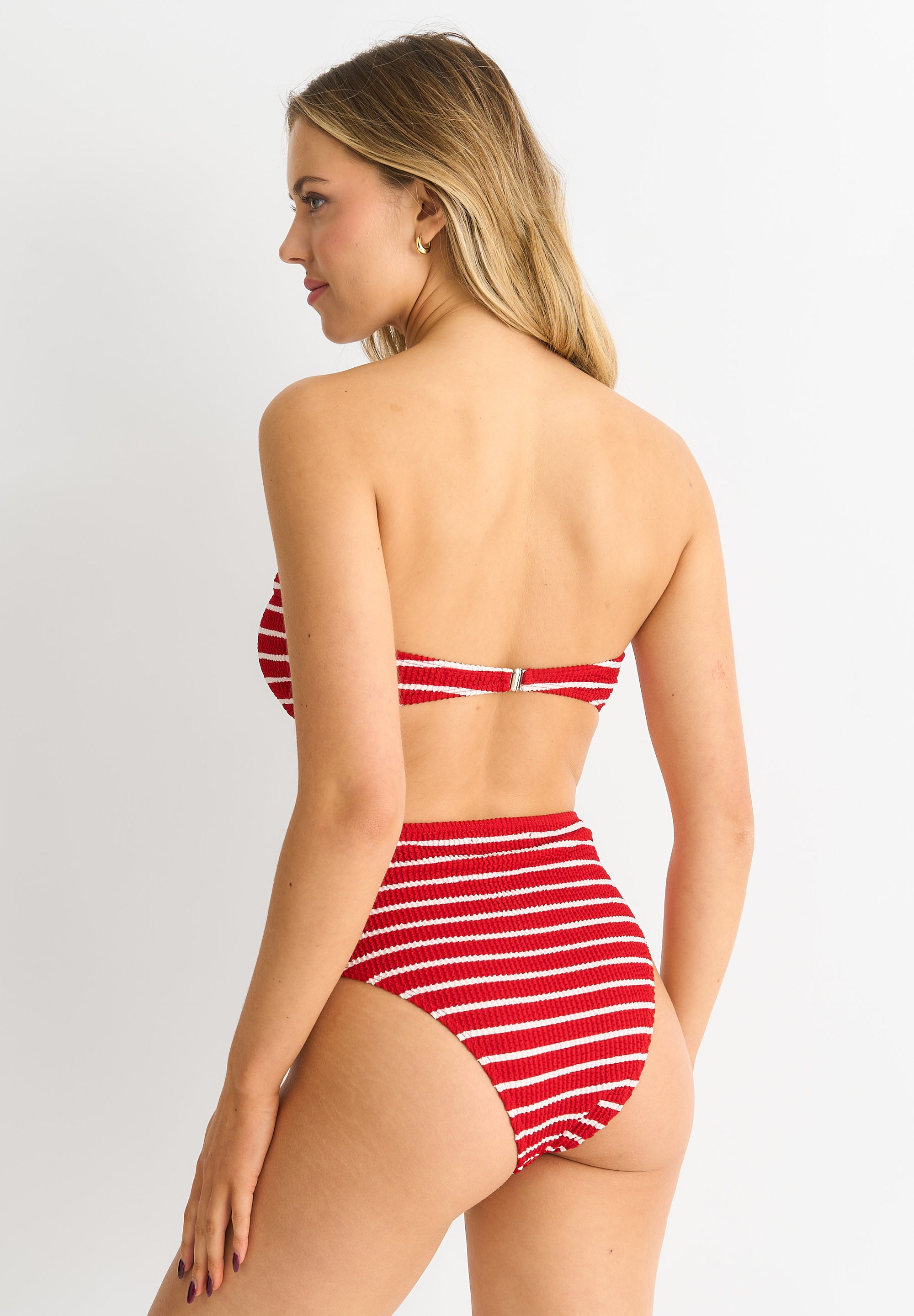 Red Textured Twist Front Stripe Bikini Top