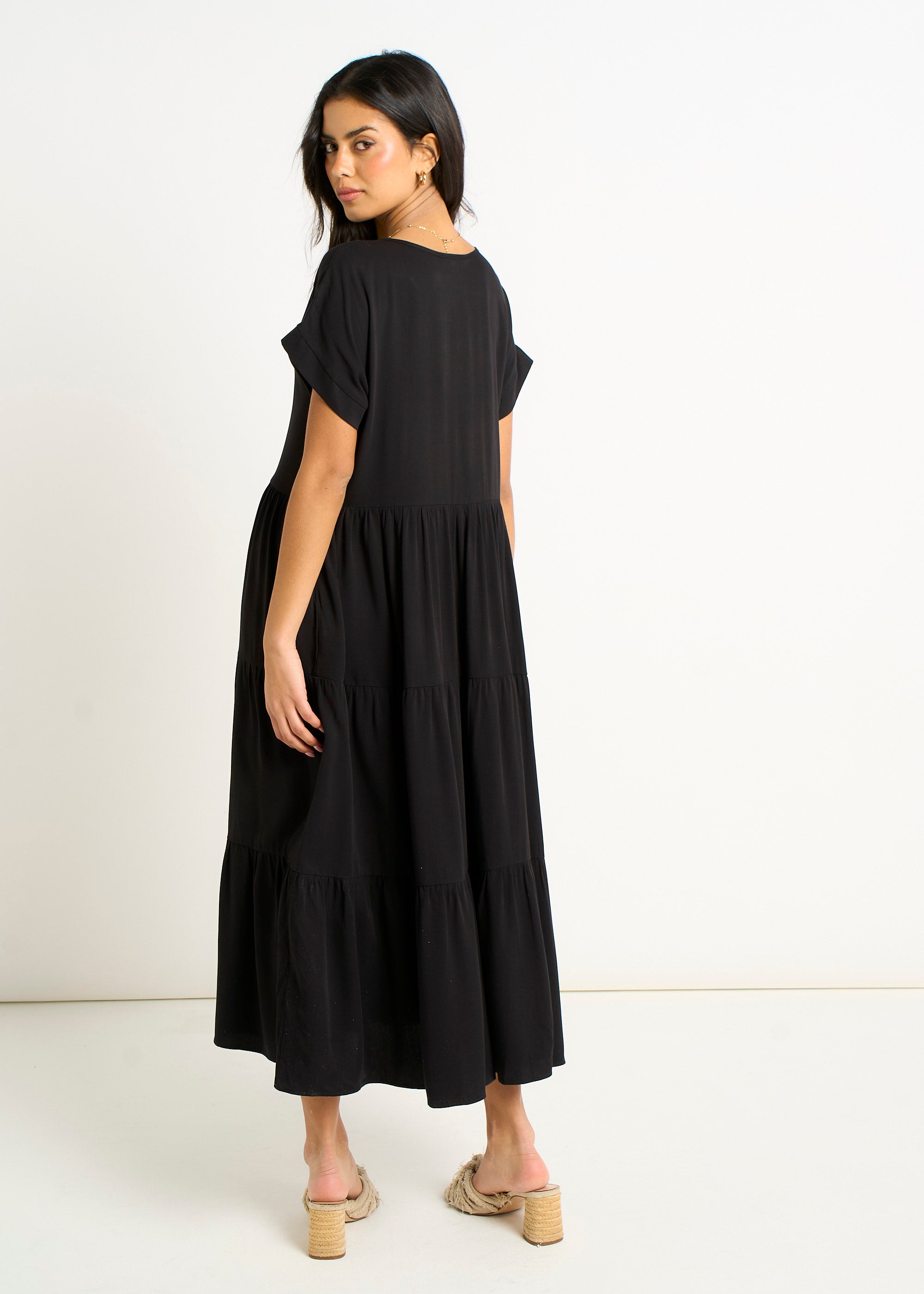 Black V Neck Pocket Smock Midi Dress