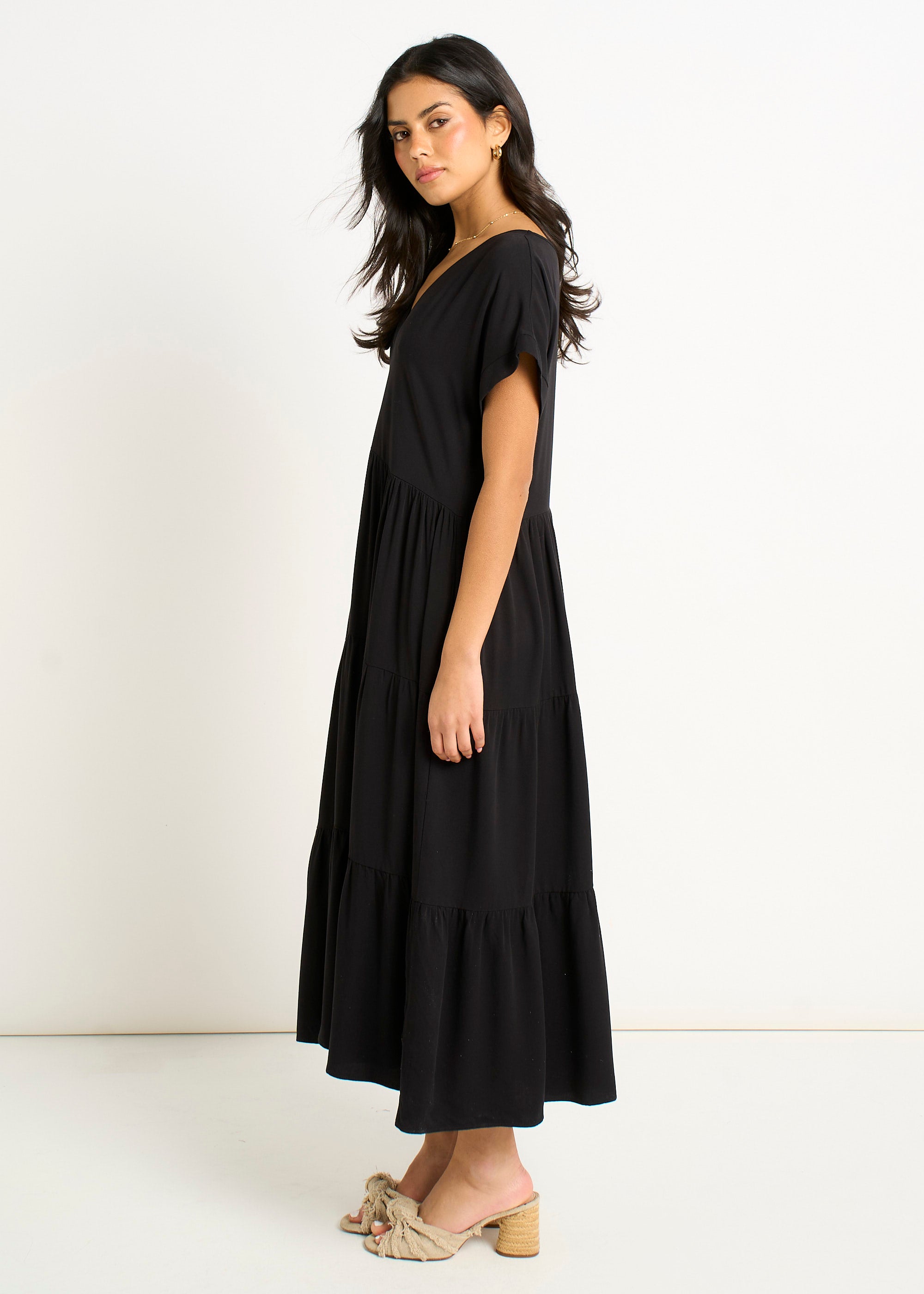 Black V Neck Pocket Smock Midi Dress