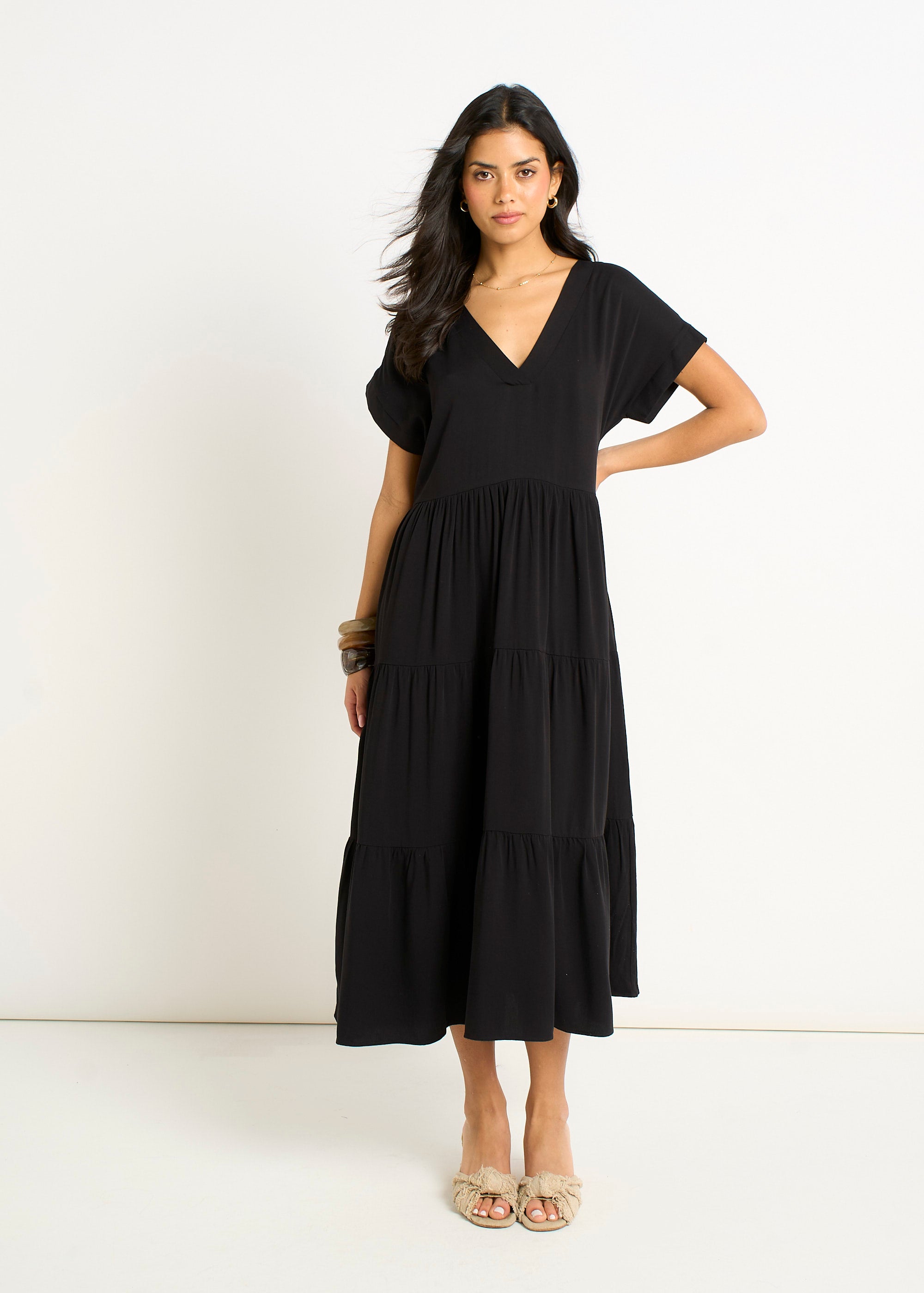 Black V Neck Pocket Smock Midi Dress