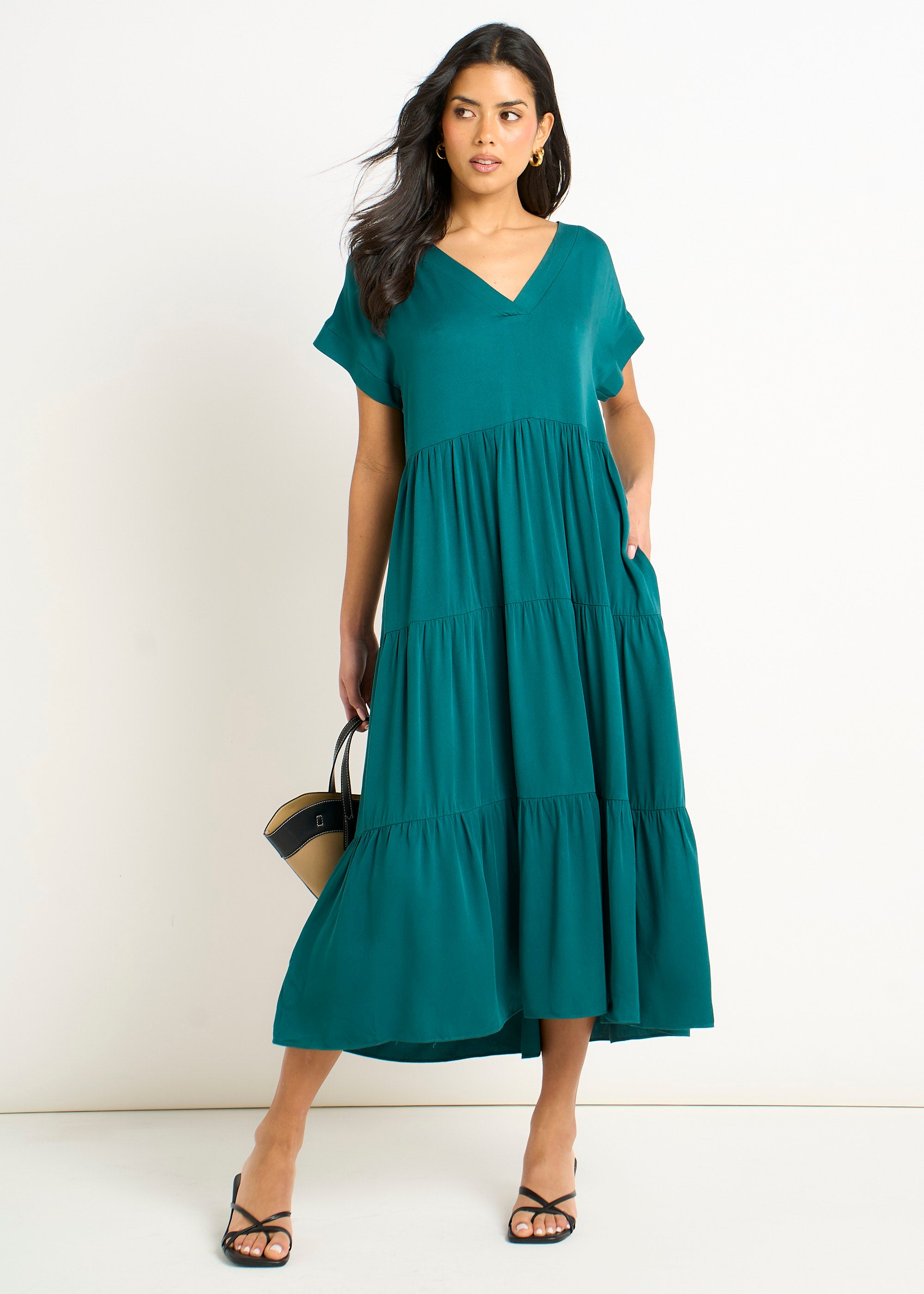 Green V Neck Pocket Smock Midi Dress