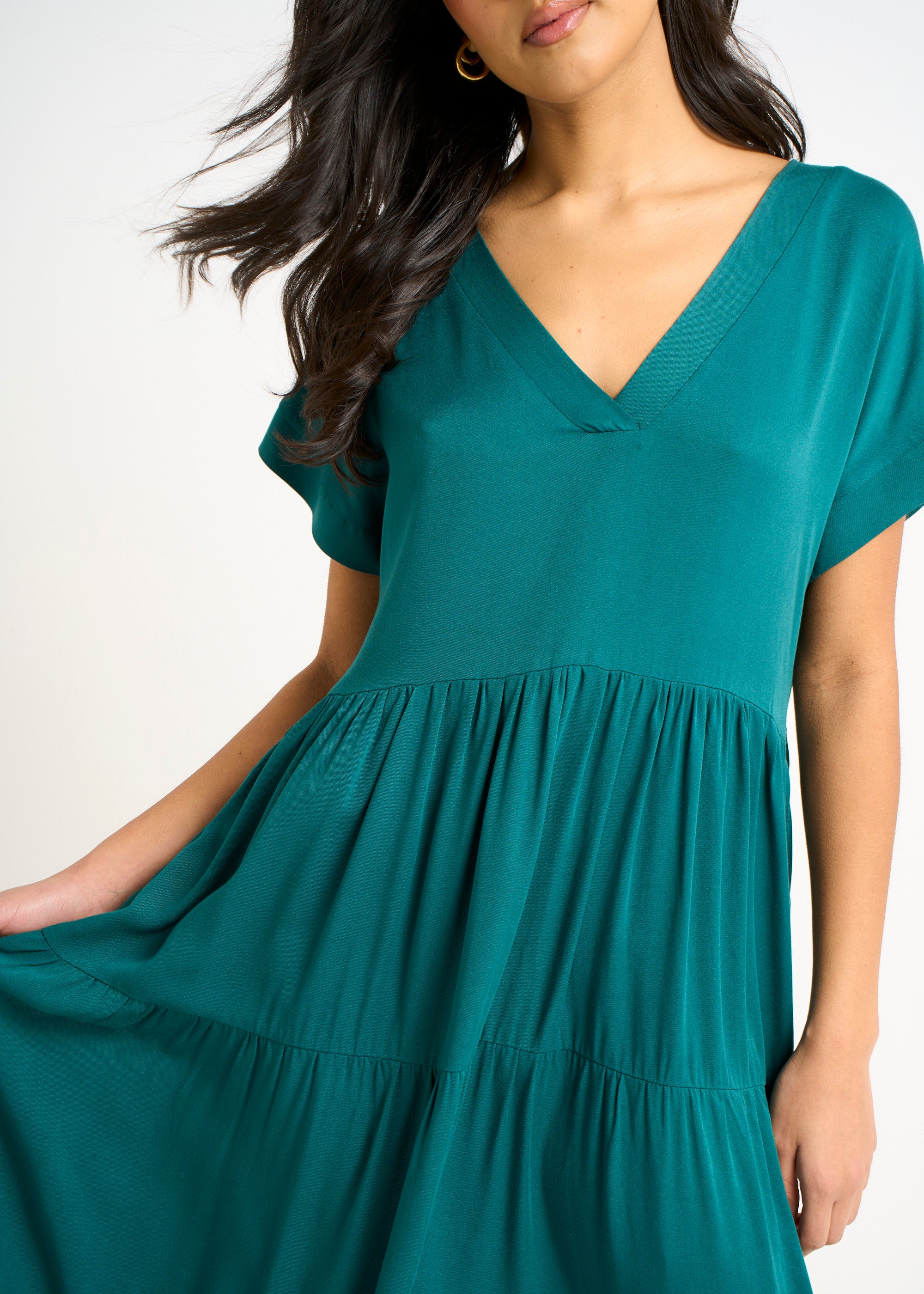 Green V Neck Pocket Smock Midi Dress