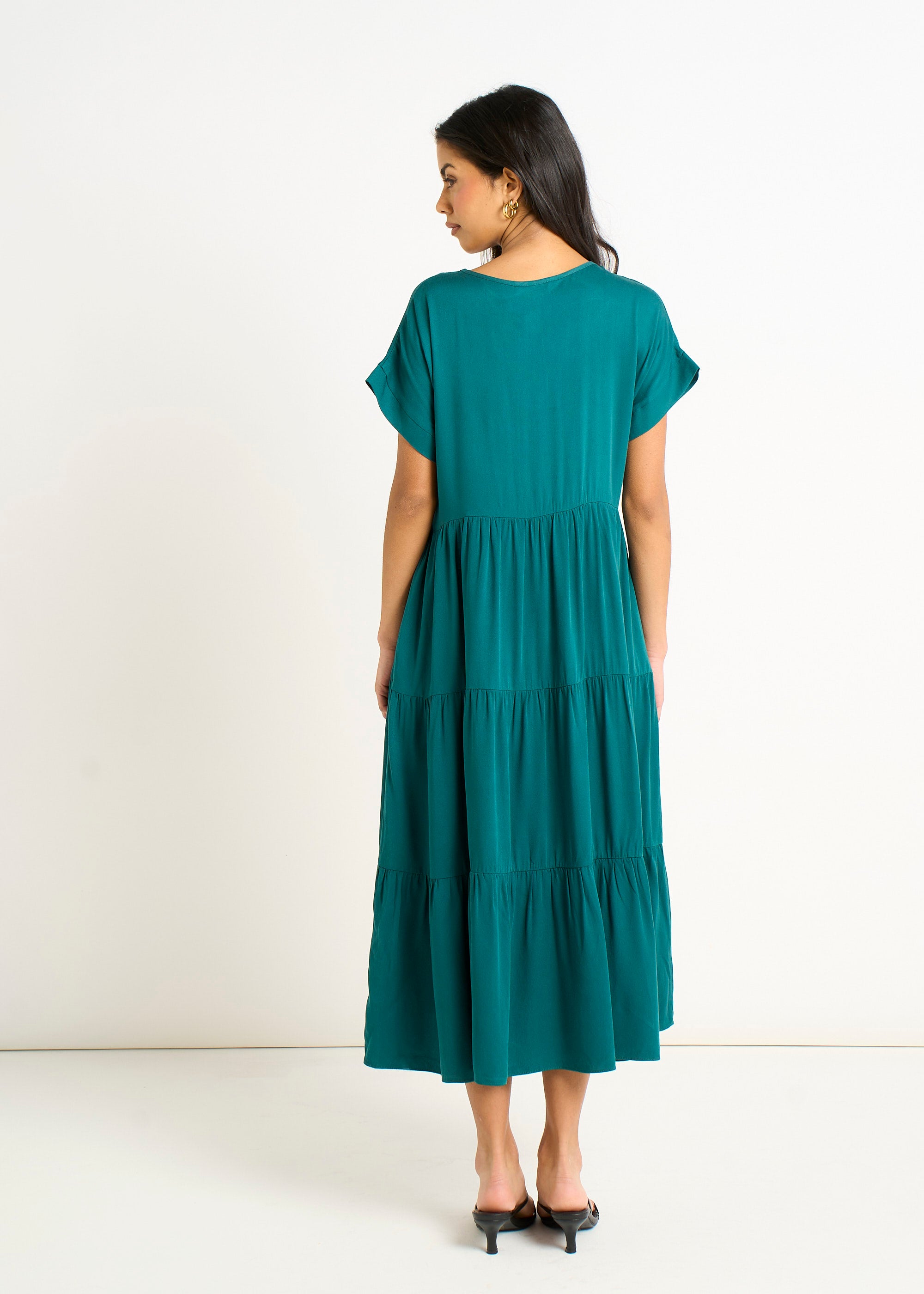 Green V Neck Pocket Smock Midi Dress
