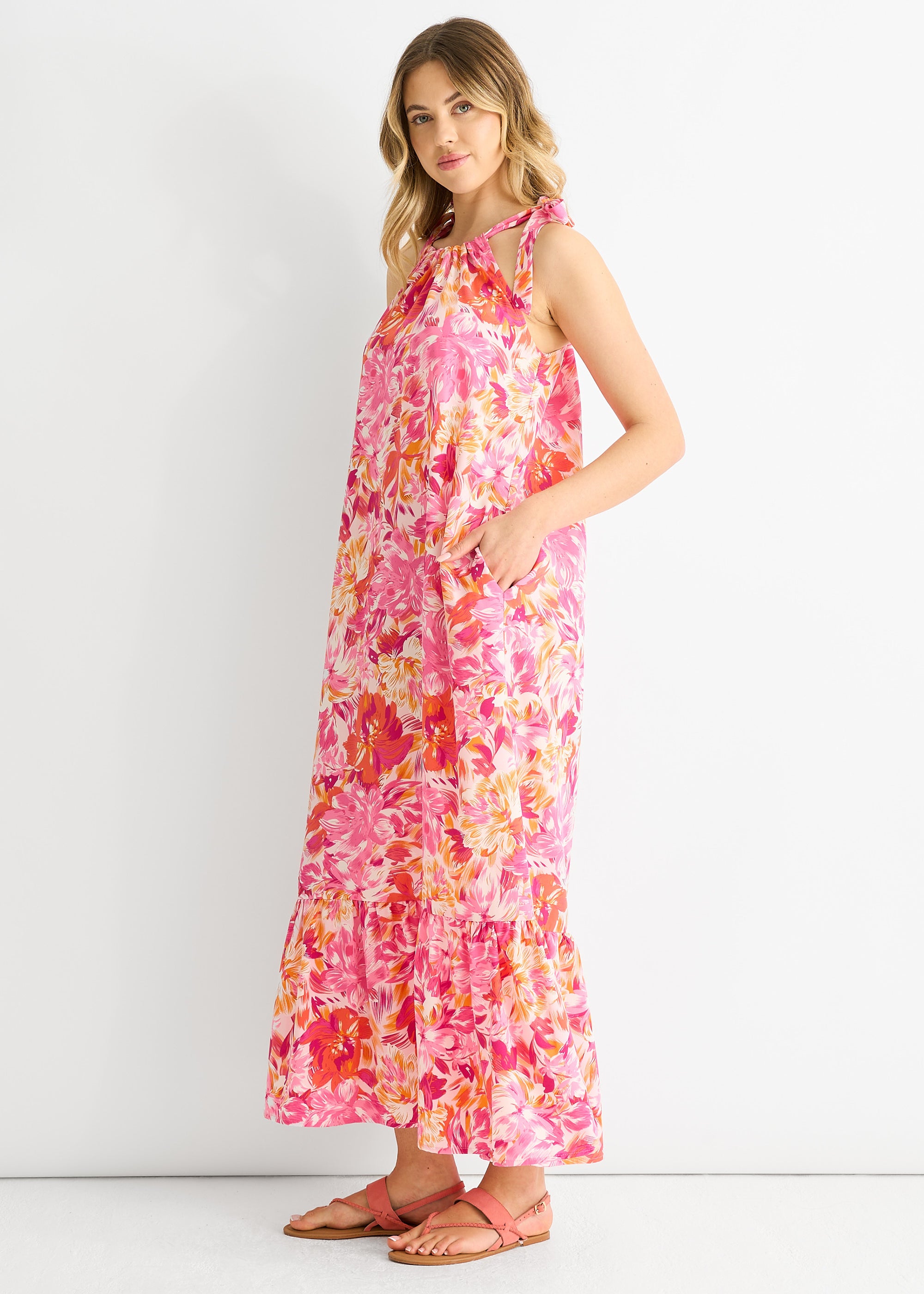 Red Floral Tie Straps Trapeze Dress